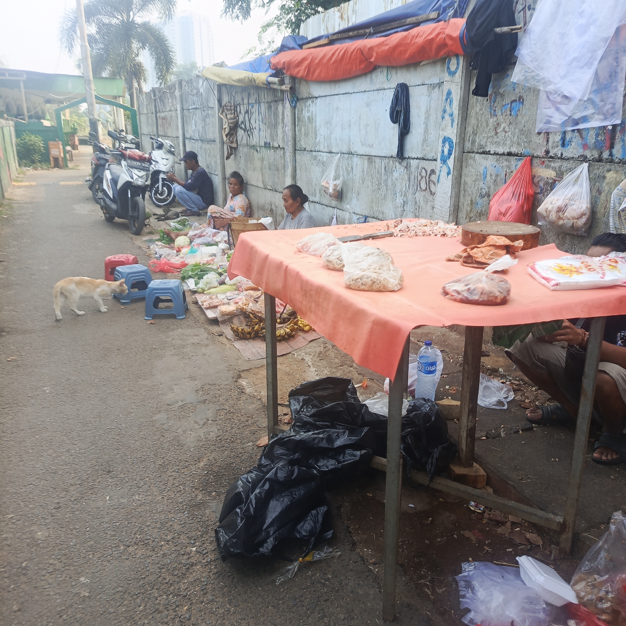 An outdoor street market scene in South Jakarta, Indonesia, shows a vendor stall with an orange tarp, displaying a variety of goods, including what appears to be meat, produce, and packaged items. Two women are seated near the stall, seemingly attending to customers or managing the goods. In the background, a man is seated on the ground near several motorcycles. A tan cat is visible on the asphalt in the foreground, sniffing at a blue plastic stool. The environment includes a concrete wall with graffiti, overhead tarps, plastic bags, trash, and various stools and stands used for display.