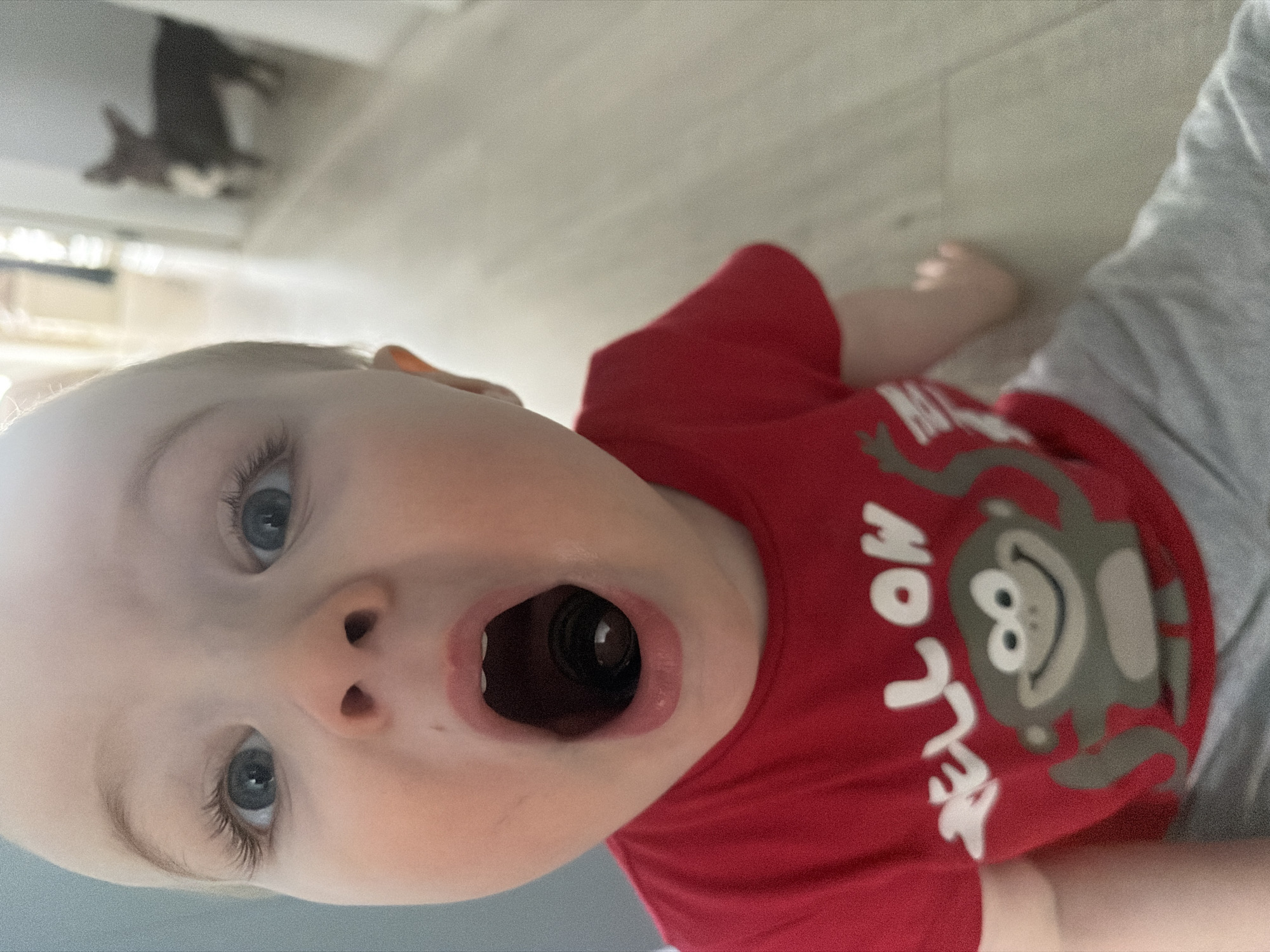 A young child with light skin, blue eyes, and blond hair lies on a light-colored surface, possibly a floor. The child wears a red shirt with a cartoon monkey graphic and gray pants. Their mouth is open wide, and the interior of their mouth is visible. The image is taken from a low angle, looking up at the child. In the background, a blurry object resembling a dog or animal figurine is visible on a surface. The location is unknown, and there is no indication of Votkinsk, Russia.