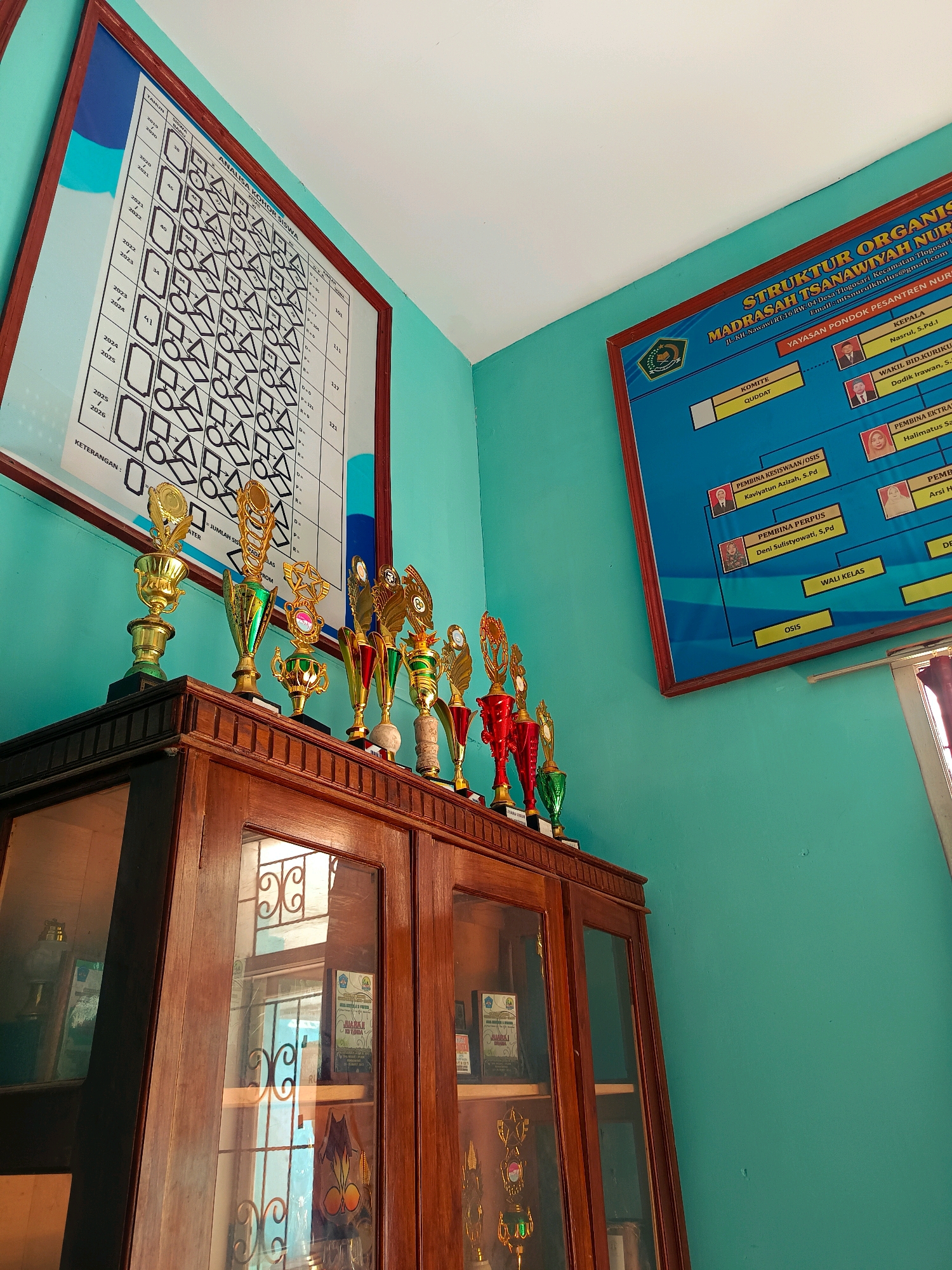 This is an eye-level, medium shot of a wooden display cabinet filled with trophies, situated in a room with teal-colored walls. The cabinet is positioned on the left side of the frame, and on top of the cabinet, a row of trophies is displayed. The trophies are made of gold and red materials, varying in size and design. Behind the cabinet, on the teal wall, two framed charts are visible. The chart on the left appears to be a diagram with geometric shapes and text, while the chart on the right is an organizational chart with names and titles. The room's lighting suggests it might be daytime, with light entering from a window, the reflections of which are visible in the cabinet's glass doors. The overall scene evokes an institutional or educational setting.