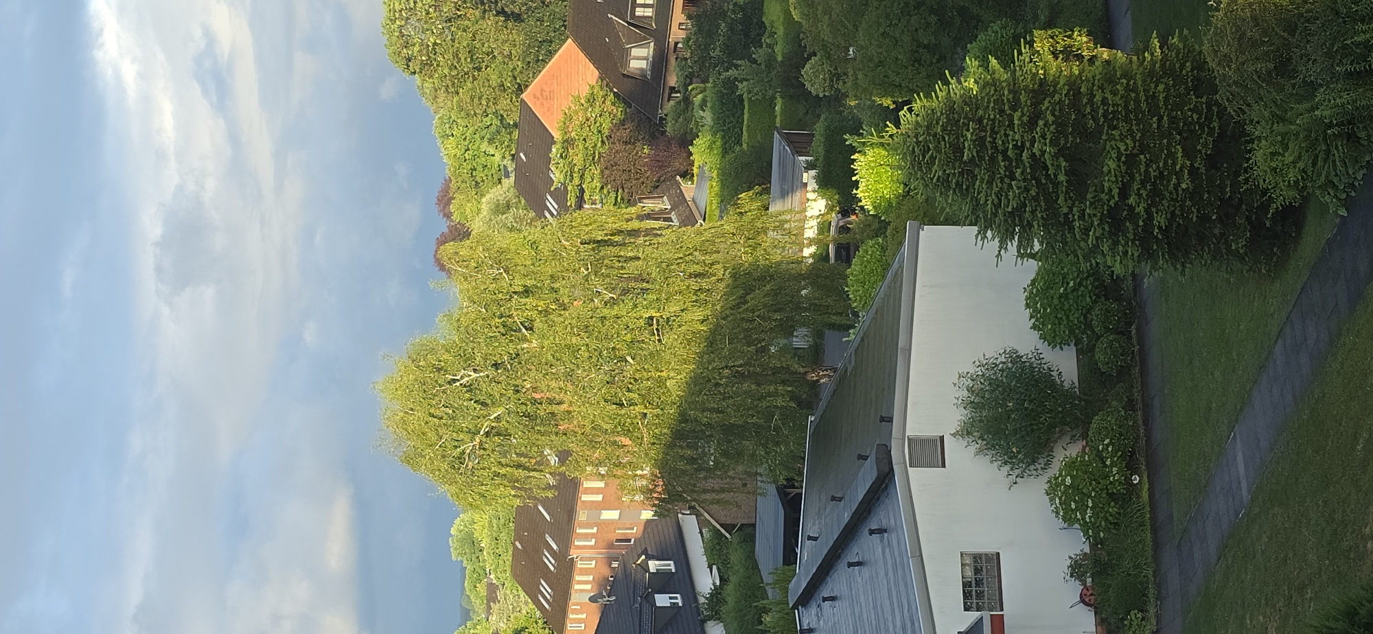 This image depicts a residential area in Seevetal, Germany, characterized by a dense arrangement of houses and abundant greenery. The scene is captured from an elevated perspective, likely a window or balcony, looking out over rooftops and trees. In the foreground, a white building with a dark, flat roof is prominent, featuring a small window with a grid pattern and ventilation grates. Adjacent to this building is a mowed lawn with a dark, paved pathway leading through it.
Dominating the mid-ground is a large, mature tree with drooping branches, its leaves illuminated by sunlight, casting a shadow. Behind this tree, several houses with dark, pitched roofs and brick facades are visible. Further in the background, a vast expanse of lush green trees and bushes suggests a well-established neighborhood with extensive landscaping. The sky above is partly cloudy, with patches of blue and gray clouds, indicating variable weather conditions. The overall impression is one of a suburban or semi-rural setting, with a strong emphasis on natural elements integrated into the built environment. No people are clearly identifiable in the image.