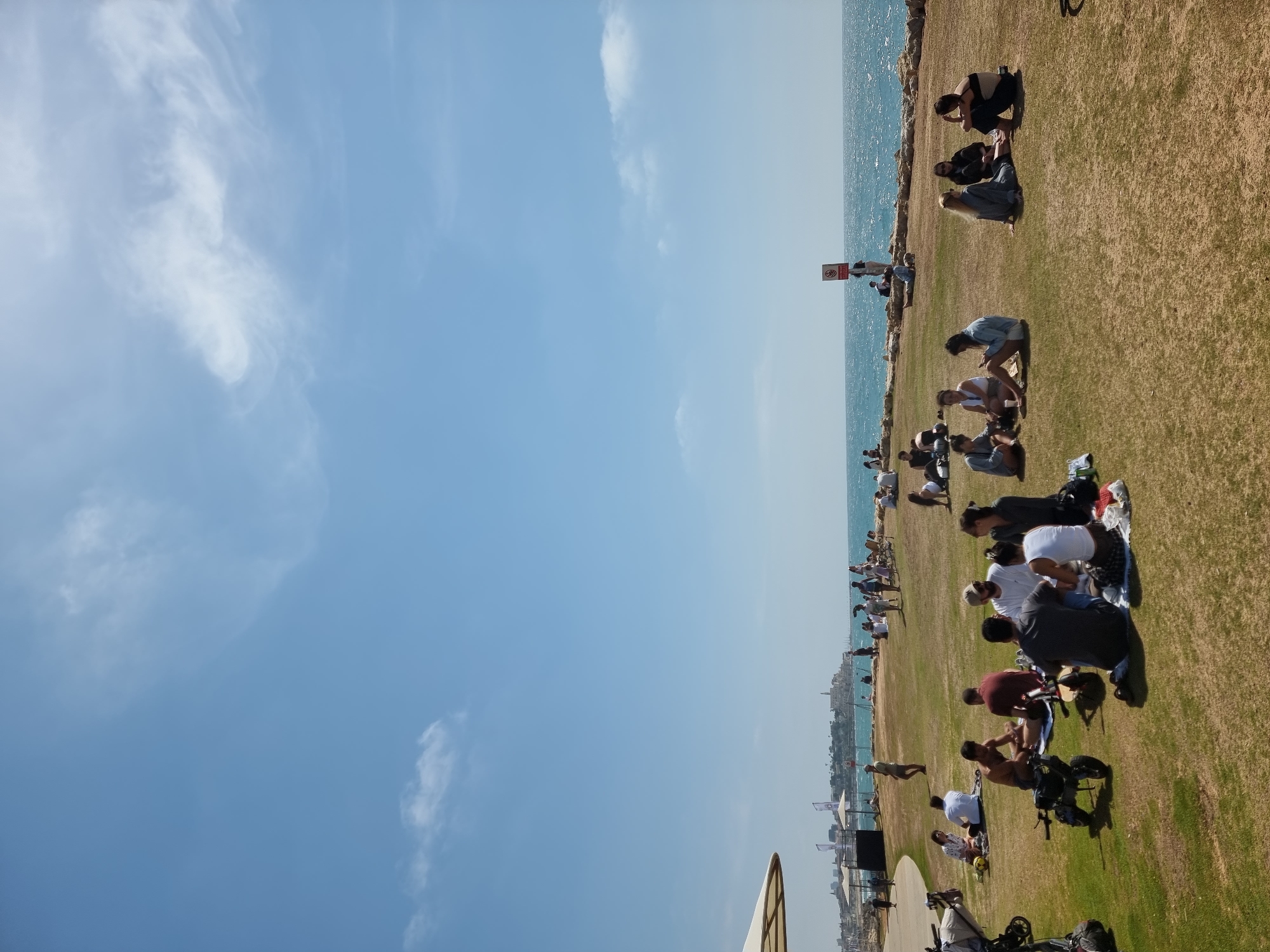 The image shows a coastal scene in Tel Aviv, Israel. In the foreground, a grassy area is populated with numerous individuals, most of whom are seated or lying down. Some people appear to be in small groups, while others are alone. Various objects, including bikes and personal items, are scattered around the grass. The Mediterranean Sea is visible beyond the grassy area, with the Tel Aviv skyline in the distant background. The sky is predominantly blue with some clouds.