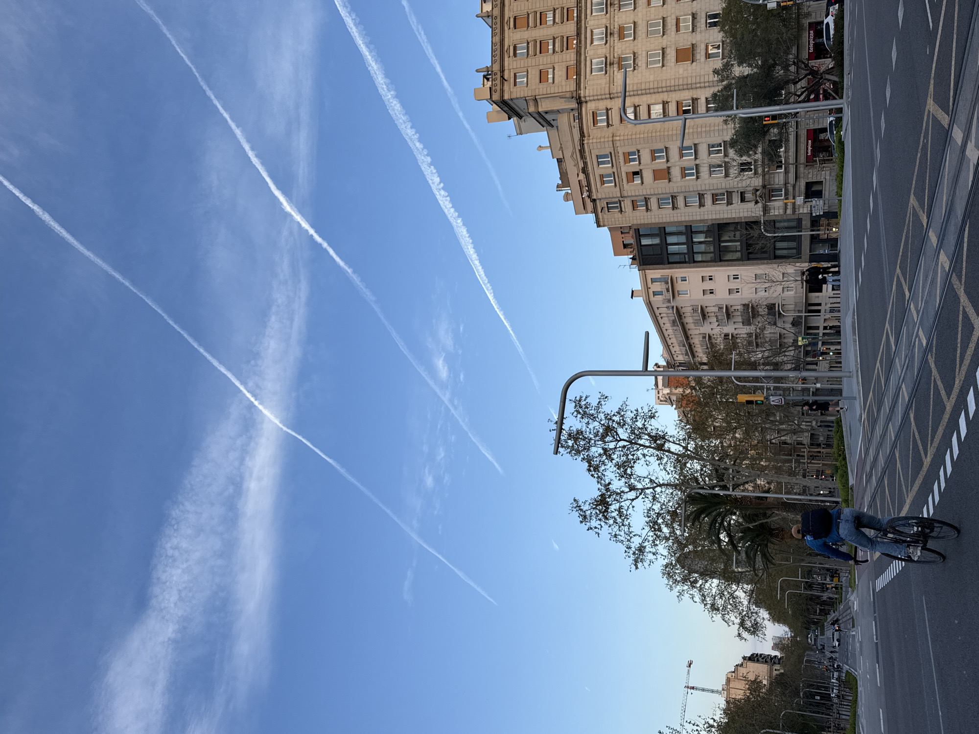 The image depicts a wide urban street in Barcelona, Spain, identified as Avinguda Diagonal, looking eastward towards the distinctive Torre Glòries visible in the distance on the left. The sky is clear blue with at least four distinct, linear white contrails extending diagonally across the frame, along with some broader, diffused cirrus cloud formations.
In the foreground, a male individual is cycling away from the viewer on a dark road bicycle. He is wearing a blue denim jacket, blue jeans, a light brown baseball cap, and a black backpack. He is positioned on the right side of the road, which features double tram tracks running along its length. The asphalt road surface is marked with white dashed lane lines, a solid white stop line, and yellow criss-cross markings indicating a clear junction area.
To the immediate right, a multi-story building with a light beige stone facade features numerous rectangular windows, many equipped with closed brown roller shutters. The ground floor houses a commercial establishment with a prominent red "Telepizza" sign. Adjacent to this, a modern building with a dark, possibly glass, facade is visible. Further down the street on the right sidewalk, two indistinct individuals are visible near a tree and a traffic light showing a green signal.
On the left side of the street, a wide, tree-lined central median separates the lanes, with deciduous trees showing sparse foliage and one prominent palm tree. In the distance on the left, a large construction crane is visible, and further along, the cylindrical, textured facade of Torre Glòries stands prominently against the skyline. An individual is jogging on the far-left sidewalk in the distance. The overall lighting suggests late afternoon or early evening.