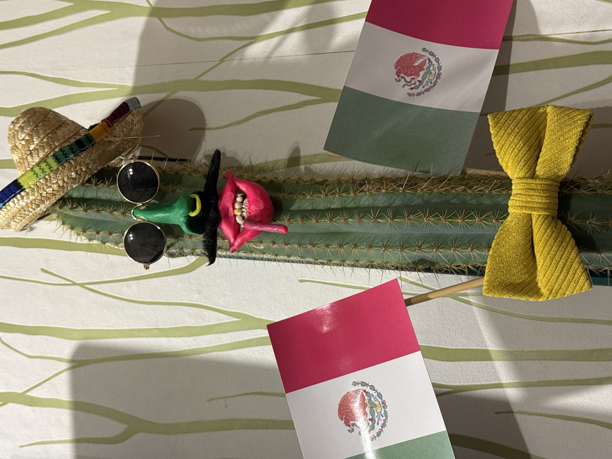 A vibrant and festive still-life arrangement featuring elements of Mexican culture is captured from an overhead perspective. A long, spiny green cactus forms the central horizontal element of the composition.
On the left side of the cactus, a miniature straw sombrero with a colorful striped band (green, yellow, blue, red) rests alongside a pair of round-lensed black sunglasses. Towards the center of the cactus, there is an assembly of whimsical figures: a green, elongated creature with a yellow nose and a black propeller-like feature on its head, positioned next to a bright pink, open-mouthed head with small white teeth and a protruding pink tongue.
To the right, a yellow textured fabric bow, possibly a decorative tie, is affixed to a wooden stick and placed near the cactus. Two small Mexican flags are prominently displayed: one in the upper right quadrant and another in the lower left. Both flags feature the vertical red, white, and green stripes, with the national emblem—an eagle devouring a snake on a nopal cactus—centered on the white stripe.
The background consists of a white surface adorned with subtle, wavy, light green lines, suggesting a patterned tablecloth or wallpaper. Shadows cast across the surface indicate a strong, directional light source. The overall scene creates a playful and celebratory atmosphere, characteristic of a Mexican-themed event or decoration. The only visible text is the Mexican national emblem on the flags. The setup appears to be indoors.