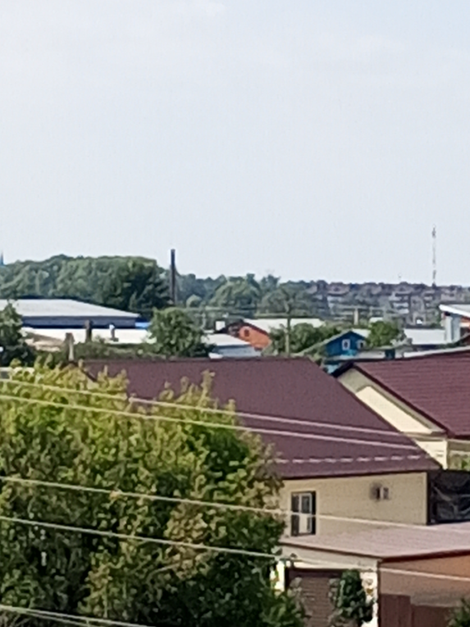The image depicts a panoramic view of a suburban or semi-urban area, likely in Chistopol, Russia, under a bright, overcast sky. In the foreground, lush green trees with visible branches and leaves dominate the lower left and center portions of the frame. Multiple horizontal wires, possibly power lines or clotheslines, crisscross the foreground vegetation.
Further back, a cluster of residential buildings is visible. The most prominent structure in the mid-ground features a dark reddish-brown pitched roof with visible horizontal lines indicating roof tiles or trim. A light-colored wall with a single window featuring a grid pattern is present on this building. Adjacent to it, another building with a similarly colored roof is partially visible.
In the background, a diverse mix of structures can be observed. To the left, a large, elongated building with a flat, light-colored roof and blue accents is partially obscured by trees. Beyond this, a dense line of green trees forms a natural boundary. A dark, slender, vertical structure, possibly a chimney or industrial stack, rises from behind the trees in the left-middle ground. To the right, a series of houses with pitched roofs are clustered together, with a tall, slender tower, likely a communication tower, visible in the far background. The overall impression is that of a residential area interspersed with some industrial or commercial structures and natural vegetation. No people or explicit actions are depicted.