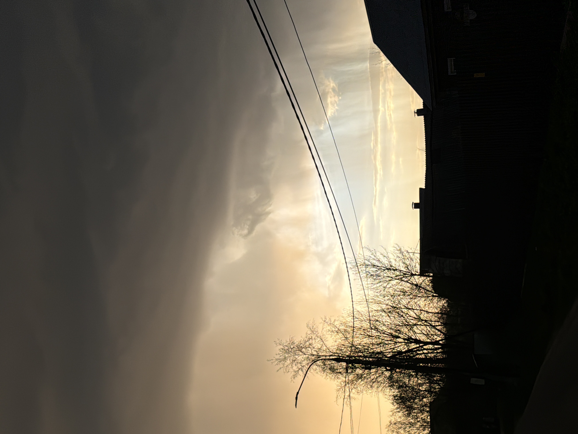 The image depicts an outdoor scene with a dramatic sky, transitioning from dark storm clouds on the left to a bright, golden sunset on the right. Utility lines bisect the sky, arching from the upper left to the lower right. Silhouetted against the sunset are bare trees and the dark outline of a building. A street lamp is visible among the trees. The location is unknown.