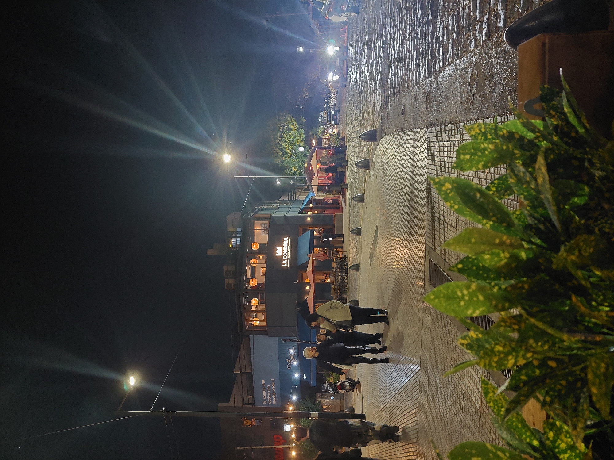 This nighttime image captures a lively urban street scene in Buenos Aires, Argentina, likely following recent rain, as indicated by the reflective, wet surfaces of the sidewalk and street. The perspective looks down a street lined with commercial buildings.
In the immediate foreground on the right, a large, lush plant with green and yellow variegated leaves partially frames the scene. The textured pavement, possibly composed of small tiles or cobblestones, gleams from the reflected light. Black bollards are intermittently placed along the sidewalk.
The street is brightly illuminated by numerous streetlights that cast prominent light rays and lens flares across the dark sky. Cars can be seen further down the street, adding to the ambient light. Buildings line the left side, their windows glowing with interior lights.
A prominent building in the midground features a blue awning emblazoned with the text "LA CONDESA GRILL & BAR." Below this, another sign reads "Si somos una optica con mucha onda :)" (meaning, "If we are an optics store with a lot of vibe :)"), suggesting a diverse range of businesses.
Several people are present on the sidewalk. A group of three individuals stands in the midground, engaged in conversation or moving along. Other figures are visible in the distance, indicating a moderate level of activity typical of an evening in a city. The overall setting is vibrant and well-lit, with the wet ground enhancing the visual texture and reflectivity of the environment.