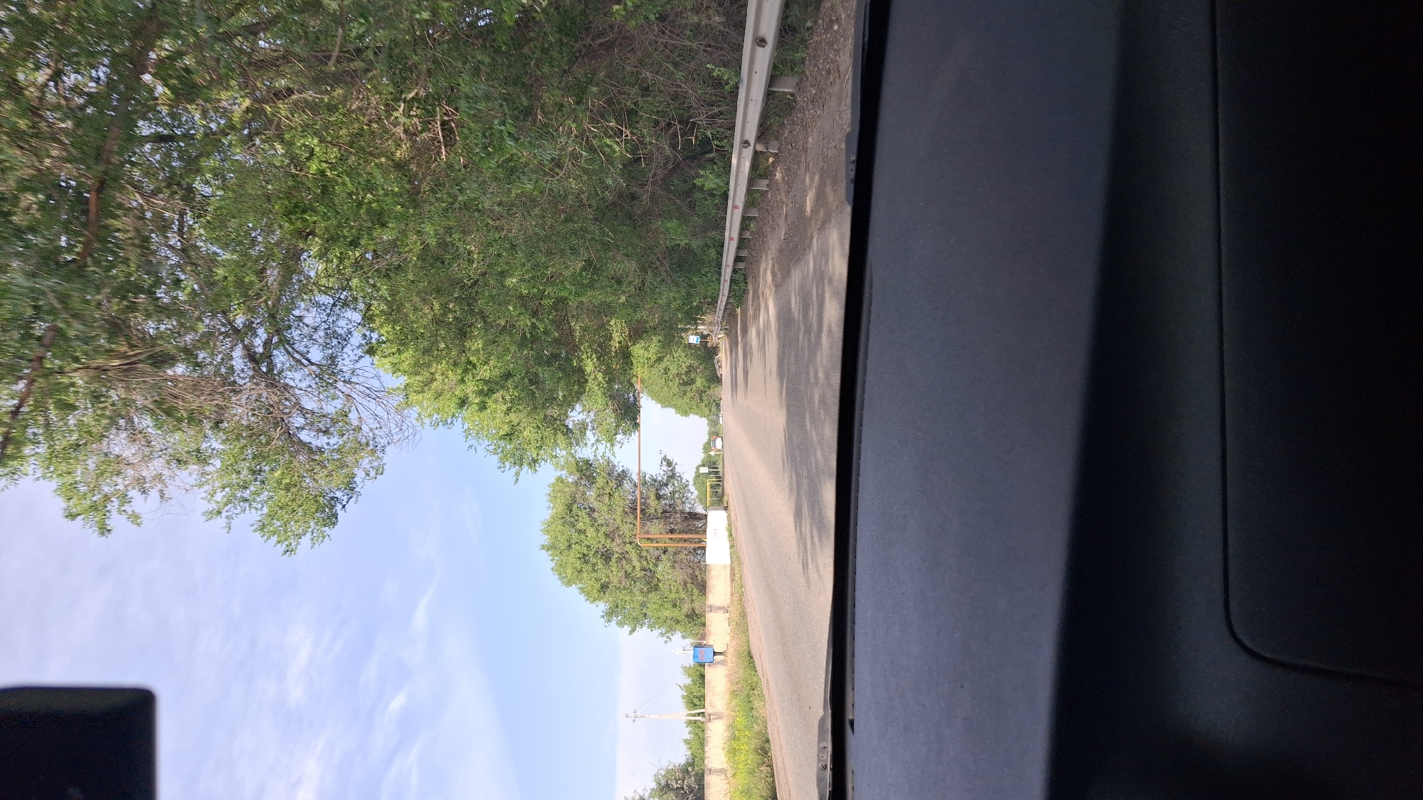 The image depicts a view from inside a vehicle traveling on a road near Түзусай, Kazakhstan. The road is lined with trees and vegetation on the left, and a guardrail separates the road from the foliage. The sky is visible with scattered clouds. A utility pole is seen in the distance. The right side of the frame is obscured by the vehicle's interior.