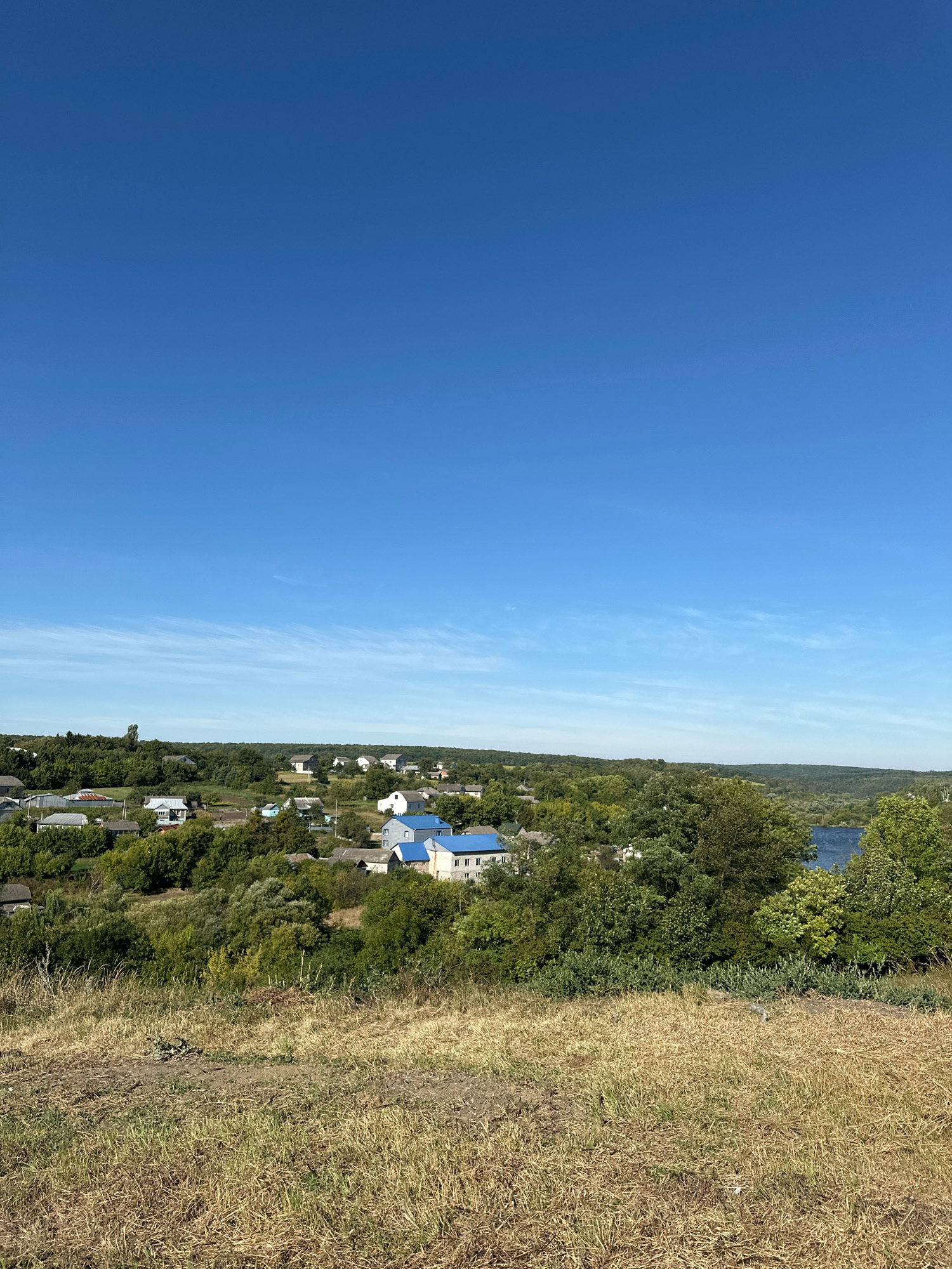 This is an elevated, wide-angle, eye-level, daytime, exterior, documentary photograph of a rural village under a clear blue sky with thin wispy clouds. The foreground is dominated by dry, yellow grass and a patch of brown dirt, suggesting a dry, possibly summery or early autumnal, environment.
In the middle ground, a cluster of houses with grey and white roofs are visible, nestled amongst lush green trees. Several houses feature distinctive bright blue roofs. The village appears to be situated in a valley or on a gentle slope, with more dense forestation in the background.
To the right of the village, a body of water, likely a river or lake, is visible, its surface reflecting the blue sky. The water is bordered by more trees and undulating hills in the far background. The overall scene depicts a tranquil, rural landscape in Makiv, Ukraine. There are no people visible in the photograph.