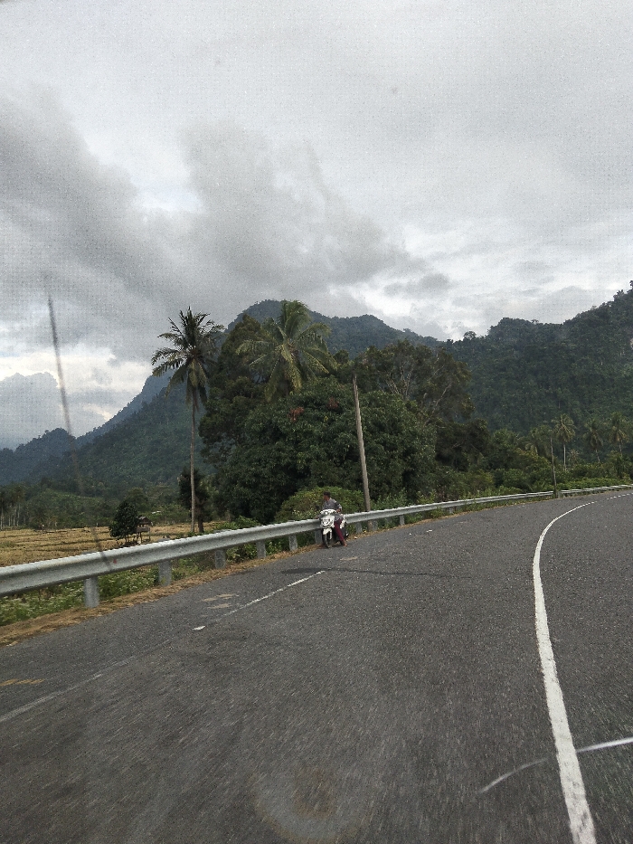 This image depicts a rural mountainous area in Keutapang, Indonesia, under an overcast sky. A paved asphalt road curves gently to the right in the foreground, featuring a solid white lane divider on its right edge. A silver metal guardrail parallels the left side of the road. On the left side of the road, adjacent to the guardrail, a male individual in a dark shirt stands next to a light-colored scooter or motorcycle, which is parked facing slightly left. Behind the guardrail and to the left of the road, a harvested or fallow field with light brown stubble is visible, containing a small, open-sided shelter with a dark roof. Several tall palm trees and dense green foliage rise beyond the field. A prominent dark utility pole stands upright behind the guardrail, positioned right of the person and scooter. The background is dominated by a lush, heavily forested mountain range. The sky is largely obscured by thick, grey clouds. The image exhibits a grainy texture and visible streaks, potentially from a camera lens or window.