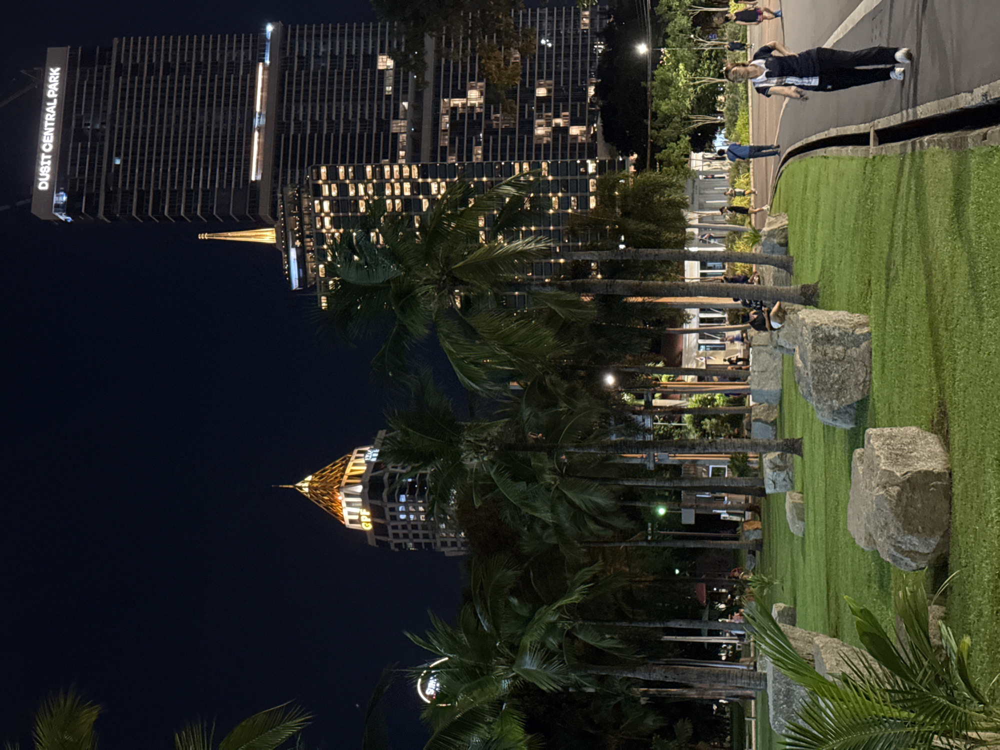 A nighttime view of Bangkok, Thailand, features the Dusit Central Park high-rise with illuminated lettering on its side. Adjacent to it, another high-rise building with a spire is visible. In the foreground, a lush green area with palm trees and large rocks suggests a park. A paved pathway is lined with people walking or standing. The overall scene depicts an urban park setting within the city's skyline.