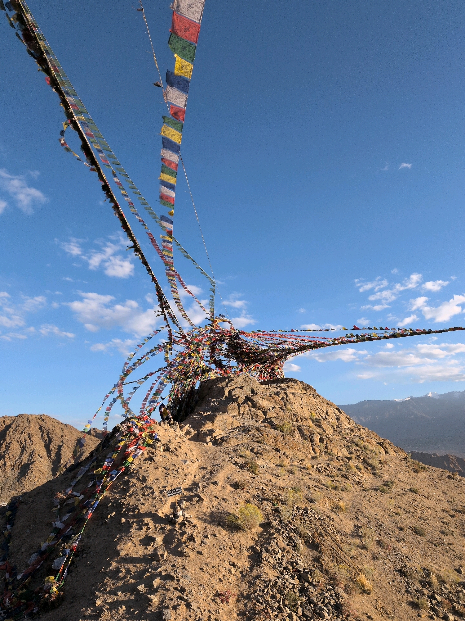 This image shows a view from a mountain in Leh, India, adorned with prayer flags. The prayer flags are strung across the peak and cascade down the sides of the rocky mountain, creating a vibrant and colorful display against the bright blue sky. The flags are of various colors and patterns, typical of Tibetan Buddhism. In the distance, the rugged, brown mountains of Ladakh can be seen, with snow-capped peaks in the far background. The terrain is arid and rocky, with sparse vegetation. The sun appears to be setting or rising, casting long shadows across the landscape. There are no people visible in the frame.