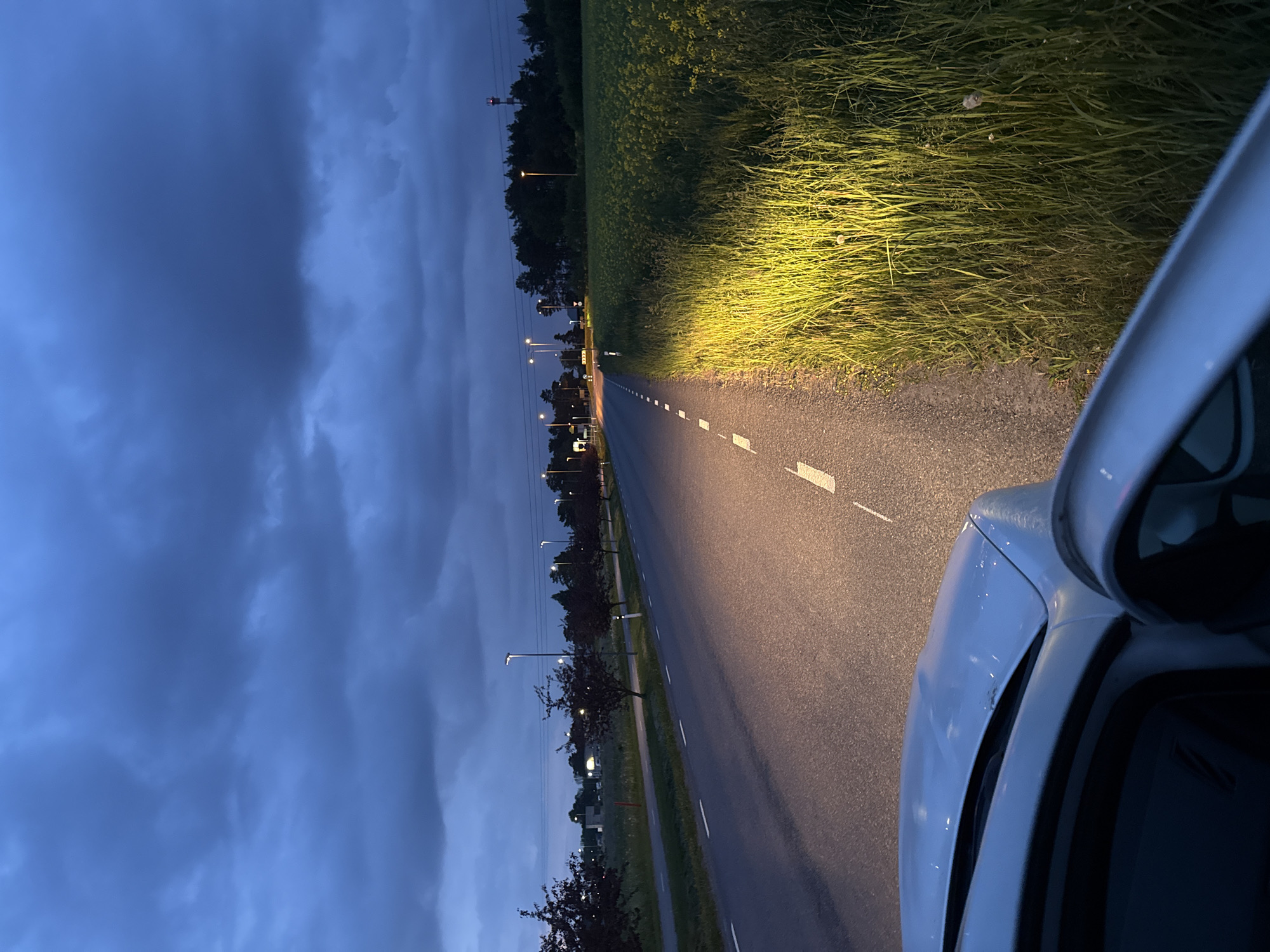 The scene depicts a roadside view during an overcast evening or night. The upper half of the image is dominated by dark blue-grey, heavy clouds. A two-lane asphalt road with dashed white lane markings and a solid white shoulder line recedes into the distance, illuminated by multiple active streetlights positioned along its length.
In the lower foreground, the front-right section of a light-colored passenger car (possibly silver or white) is visible, including a portion of its hood, windshield, and side mirror. The car's right headlight is active, casting a bright yellow illumination onto the tall green grass and flowering plants immediately adjacent to the road on the right side. A minor indentation or mark is present on the car's hood above the headlight.
To the right of the road, beyond the brightly lit verge, a large field of green vegetation with yellow blossoms extends to a dark treeline in the midground. To the left of the road, a paved pedestrian or cycling path runs parallel, separated by a narrow grassy strip. Deciduous trees with dark foliage are intermittently planted along this path.
In the background, beyond the trees on the left, indistinct low-profile buildings are discernible. On the right, behind the treeline, a tall, slender industrial-style tower with red and white horizontal stripes and an illuminated light at its apex is visible against the dark sky. No individuals are present in the image. The scene is located in Saue, Estonia.