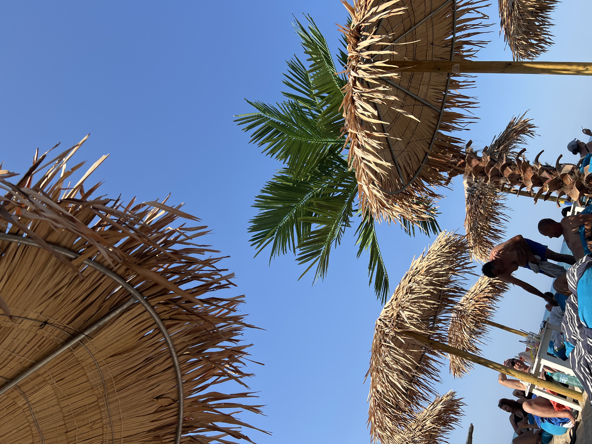 The image depicts a sunny day at a beach in Obzor, Bulgaria, featuring thatched umbrellas and palm trees against a clear blue sky. In the foreground, people are relaxing on the sand, some lying on blue beanbag chairs and others sitting at a low table. A man in blue shorts is bent over, appearing to hand something to someone out of frame. Further back, other beachgoers are visible enjoying the day. The scene suggests a typical summer day at a seaside resort.