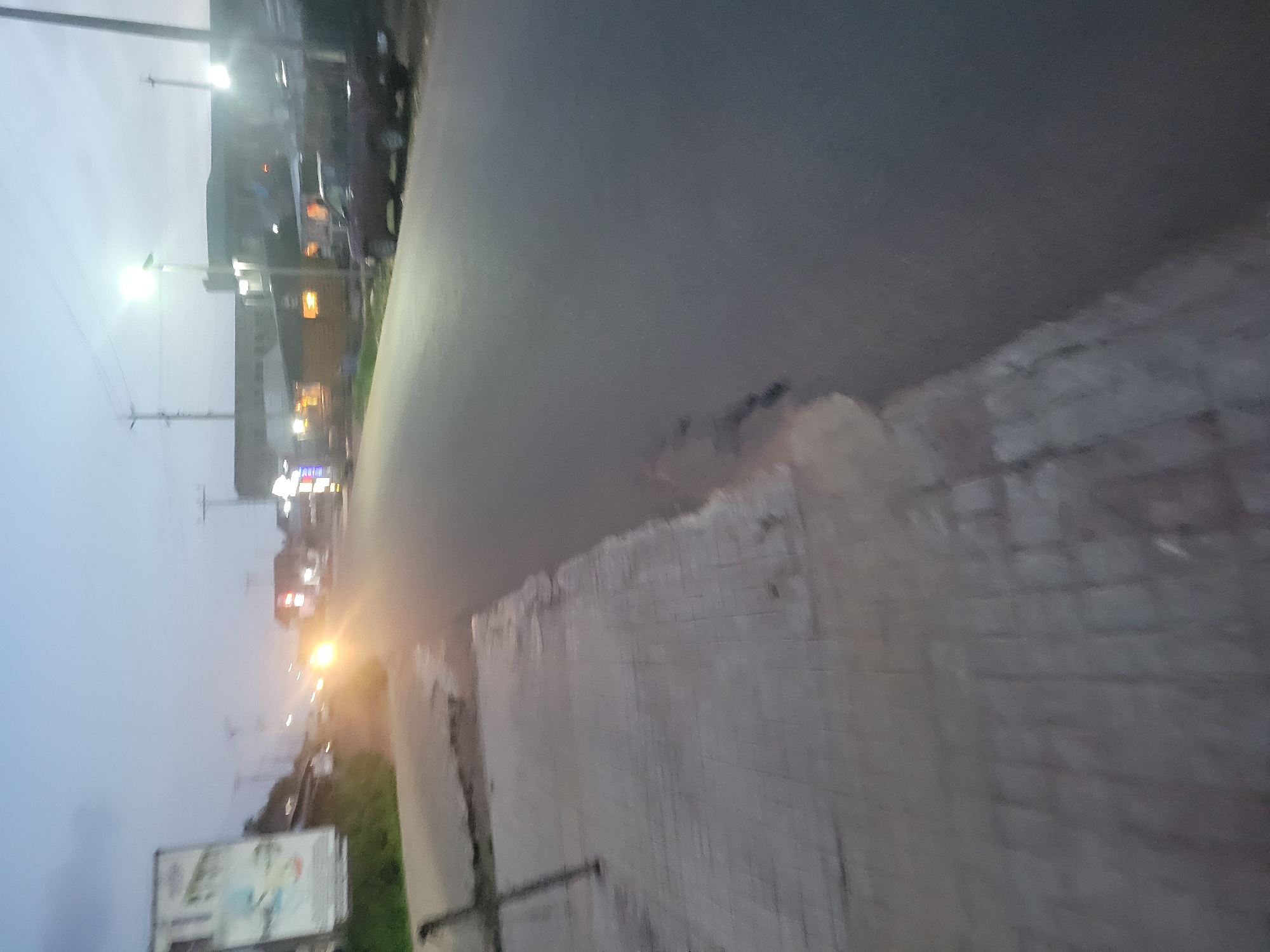The image depicts a street scene in an urban environment at dusk or dawn. The foreground shows a paved sidewalk made of rectangular blocks, with a dark, irregular stain on the surface. The sidewalk borders a road with a dark asphalt surface, which appears wet in places. A few vehicles are visible on the road and parked along the side. To the left of the road, there is a green, overgrown embankment with a large billboard. The billboard has some text and graphics, but they are not clearly discernible. Further down the road, buildings line the street, with some lights illuminating windows and storefronts. Streetlights are also visible, casting a bright glow. The sky is a pale, overcast blue, indicating low light conditions. The overall impression is of a somewhat desolate or quiet street during transitional lighting.
