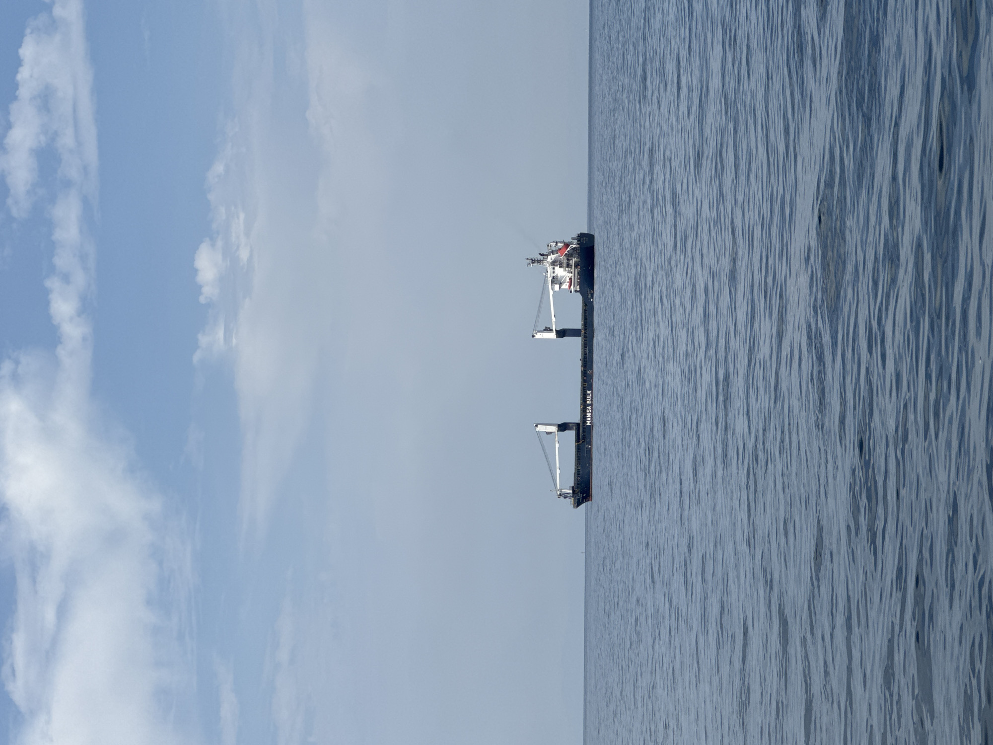 A cargo ship, named "MANISA BULK", is sailing on calm, blue water under a sky with scattered white clouds. The ship is dark in color with white cranes extended over its deck. It is positioned in the middle ground of the image, appearing to be on the sea. The horizon is clearly defined between the water and the sky. The scene is serene and vast, with no other vessels or landmasses visible. The image captures a moment of solitary transit for the cargo ship.