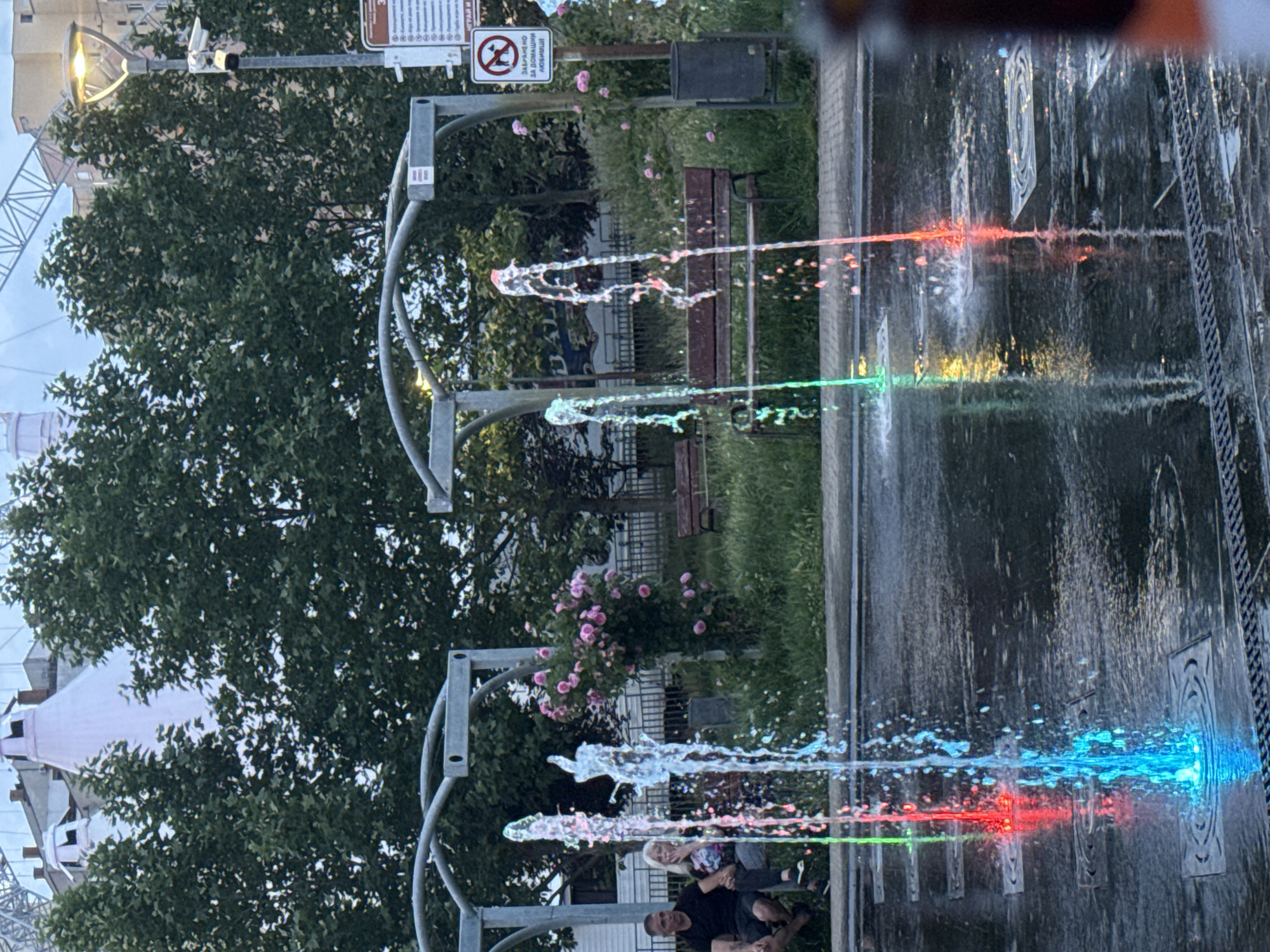 This image depicts a detailed view of an urban public space in Sofia, Bulgaria, specifically the area near the Central Mineral Bath, identifiable by the distinctive light-colored conical cupolas in the background. The scene is illuminated, suggesting evening or twilight conditions.
In the foreground, an interactive ground-level fountain features multiple vertical water jets. These jets are dynamically illuminated in red, blue, and green, casting reflections onto the dark, wet paved surface below. Square metal grates and circular covers for the fountain mechanisms are visible on the ground.
In the mid-ground, on the left, a man and a woman are seated on a wooden slatted bench. The man, with tattoos visible on his left arm, wears a black t-shirt and dark shorts. The woman, with blonde hair, wears a patterned top and dark trousers; she is depicted with an object to her mouth, appearing to exhale smoke. Behind them, metal arch-like structures rise above the bench area. Further to the right, another identical unoccupied wooden bench is visible.
The landscape behind the benches comprises grassy areas, dense green trees, and bushes adorned with clusters of pink roses. On the far right, a tall, modern street lamp with an illuminated triangular light fixture stands. Two security cameras are mounted on its pole. Below the lamp, a white square sign with a red circular border and a crossed-out pictogram of a leashed dog displays Cyrillic text: "ЗАБРАНЕНО ЗА ДОМАШНИ ЛЮБИМЦИ," which translates to "Forbidden for pets." A dark grey metal trash bin is positioned next to the sign.
The background reveals a mix of urban architecture, including multi-story buildings and the aforementioned conical cupolas of the Central Mineral Bath, which now houses the Regional History Museum. A construction crane is also visible against the sky in the upper right portion of the image.