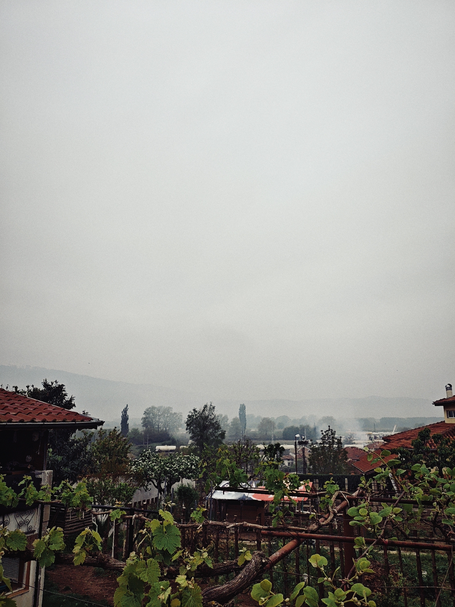 The image captures a landscape under an overcast sky, possibly fog or heavy haze. The foreground features a rustic wooden and metal fence with vines and foliage. Beyond the fence, there's a view of rooftops, trees, and other buildings, suggesting a residential or suburban area. In the distance, there's a faint outline of hills or mountains. The scene has a subdued, muted color palette due to the weather conditions. The location appears to be a built-up area with vegetation interspersed, with no immediately identifiable landmarks suggesting the city.