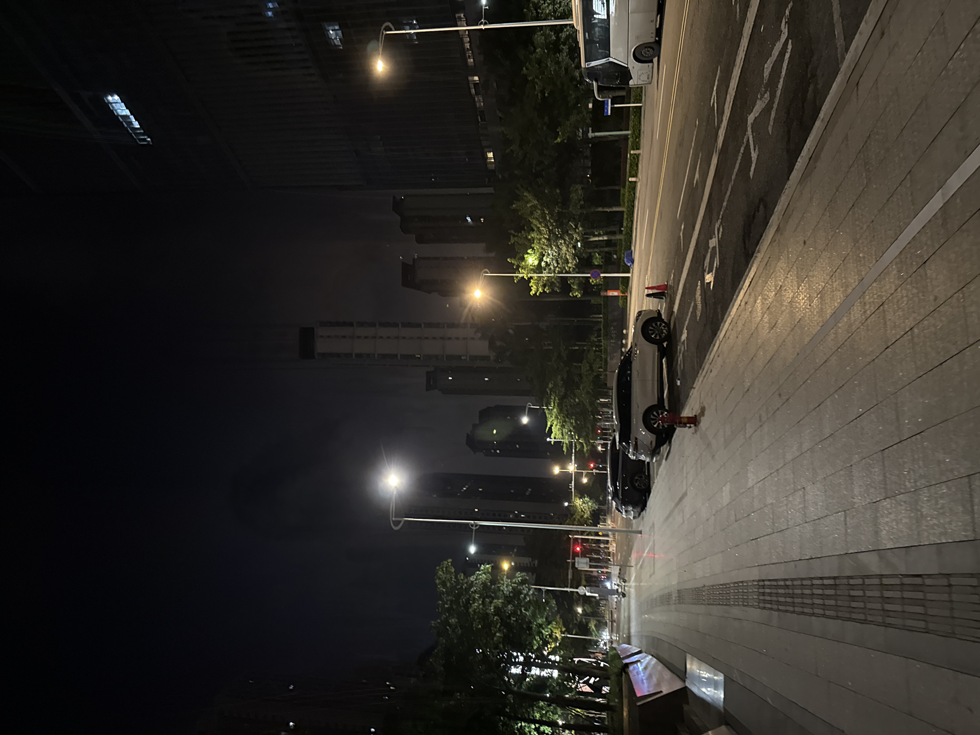 The image depicts a nighttime scene on a city street in Haizhu District, China. A wide sidewalk, paved with large, rectangular tiles and featuring a tactile paving strip, runs along the left side of the frame. Several streetlights illuminate the area, casting a warm glow on the pavement.
On the right side of the sidewalk, several cars are parked, including a white SUV and two dark sedans. A red fire hydrant is visible next to the white SUV. In the background, a multi-lane road is visible, with a white bus driving away from the viewer on the right lane. Road markings, possibly indicating lanes or directions, are faintly visible on the asphalt.
The cityscape is dominated by tall buildings, some of which are lit up, suggesting the presence of offices or residential apartments. Lush green trees line the edge of the sidewalk, providing a natural element against the urban backdrop. The sky is dark, indicating nighttime, with some faint lights suggesting the presence of distant structures or atmospheric conditions. The overall impression is of a well-lit and organized urban environment at night.