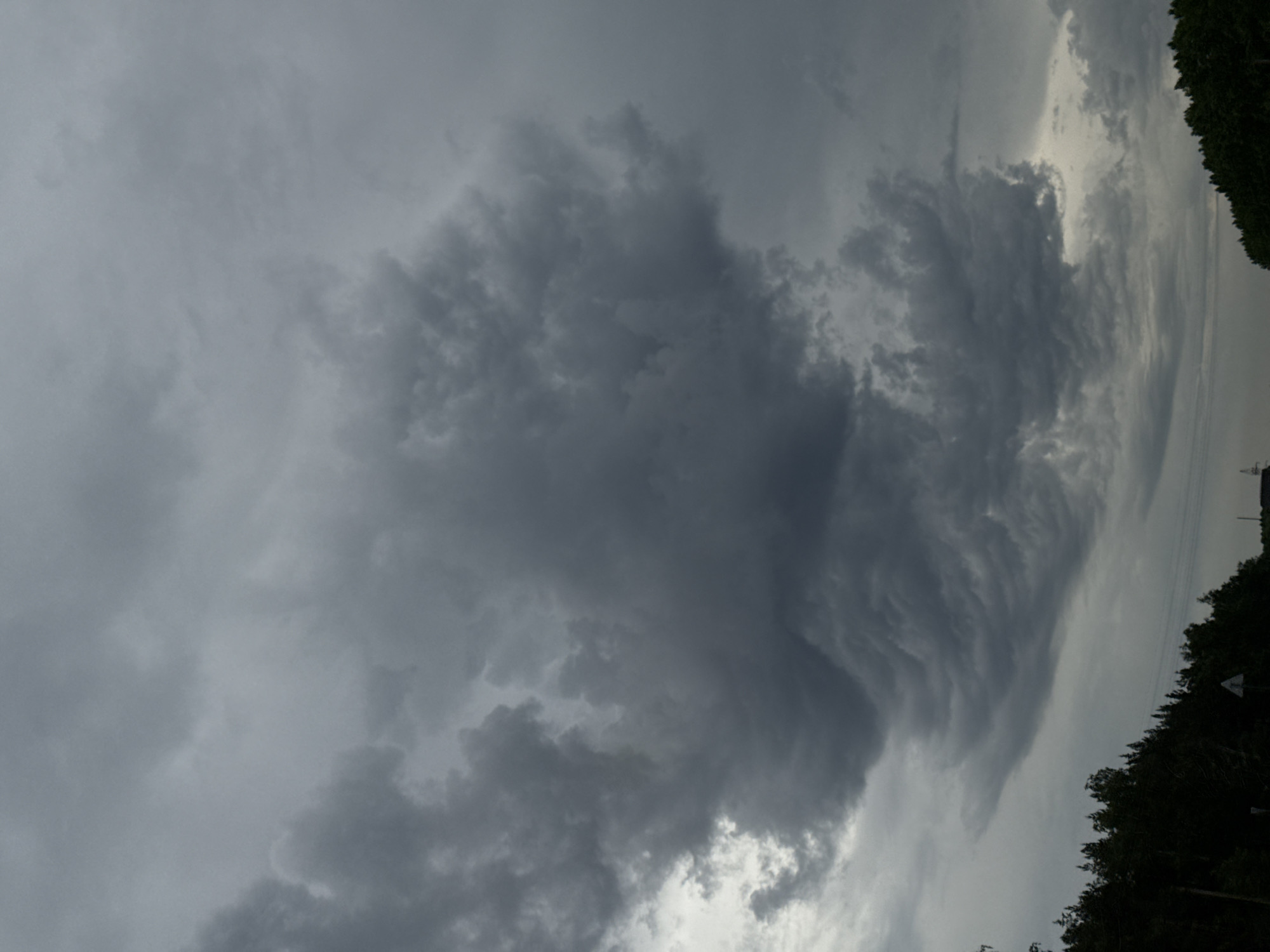 The image shows a cloudy sky with dark, heavy clouds dominating the view. The weather appears overcast, potentially indicating an approaching storm. Along the right edge of the frame, a line of trees is visible. Based on the provided location, the image was taken in Бизяки, Russia, with the sky being the primary subject and the trees in the background. There are no people or interactions visible in the image.