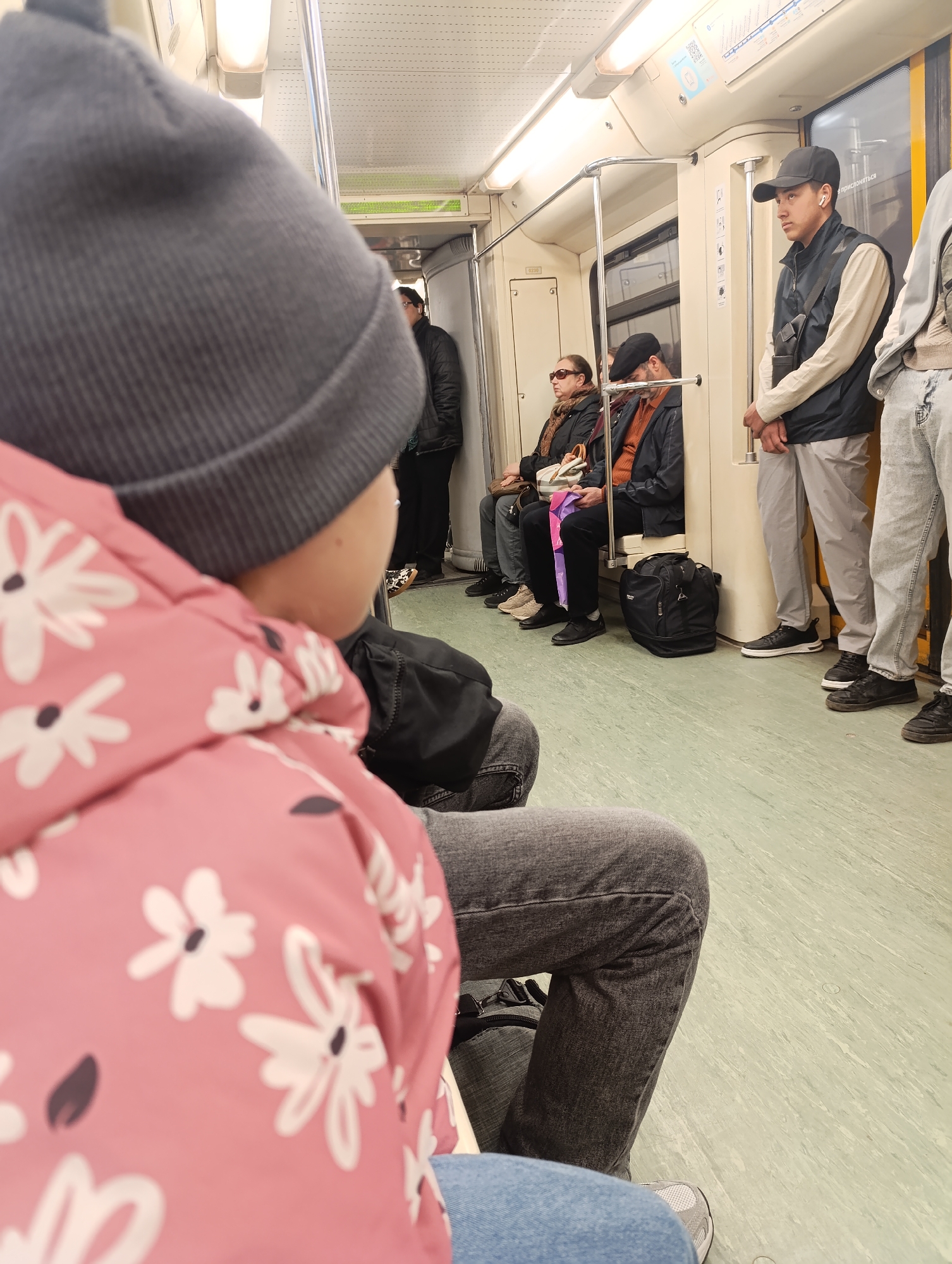 The image depicts the interior of a subway car. Several passengers are visible. In the foreground, a person wearing a pink floral jacket and a gray beanie is seated. Other passengers are seated along the side of the car. One man is standing near the door. The car has a pale green floor and cream-colored walls.