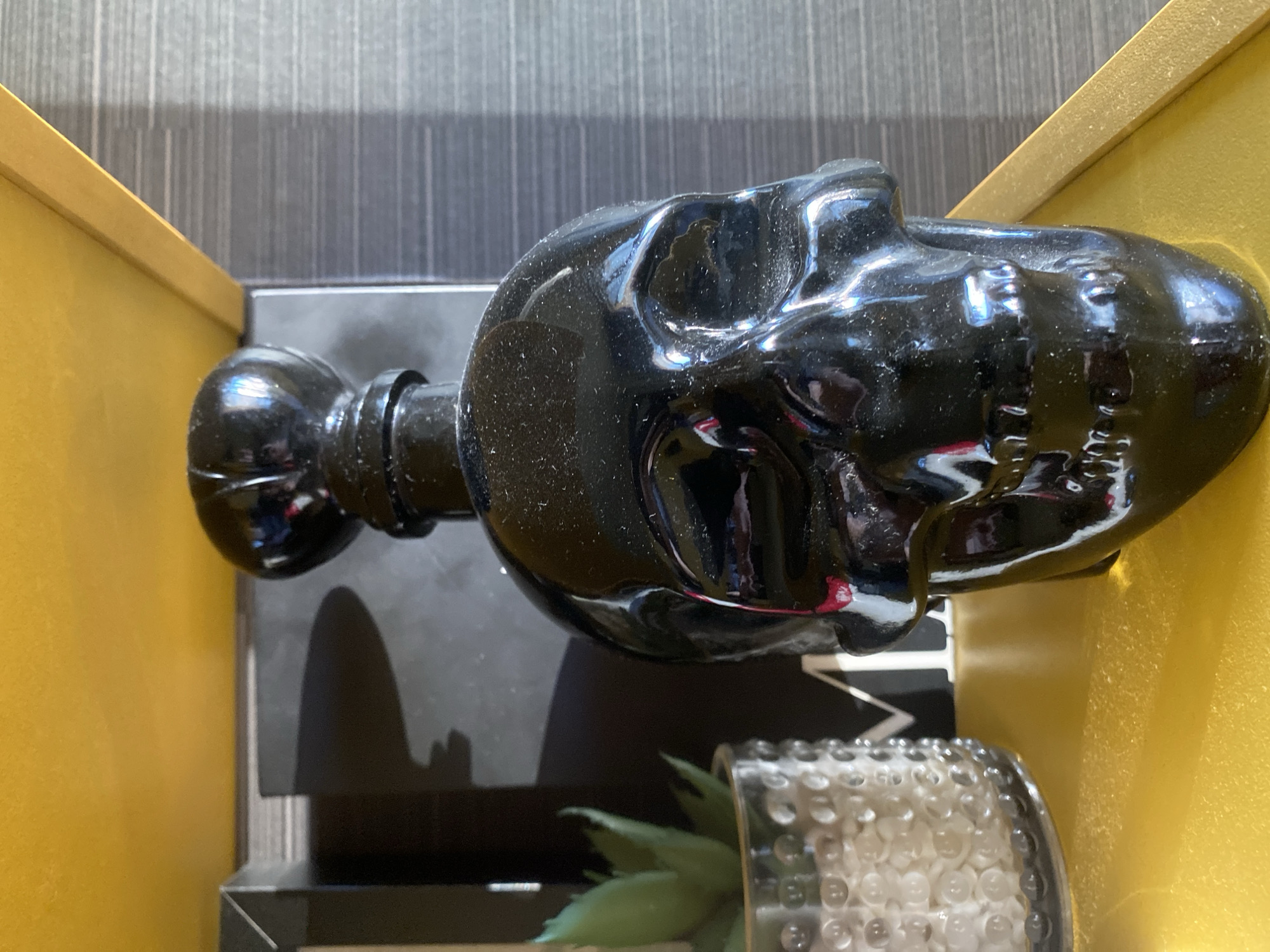 A black, skull-shaped glass bottle sits on a golden shelf. To the left of the bottle is a small, potted succulent in a textured glass planter. In the background, behind the bottle, is a black book with part of the letter "M" visible. The shelf appears to be part of a larger shelving unit with a textured gray wall behind it. There is no indication of the city of Varna, Bulgaria in this image.