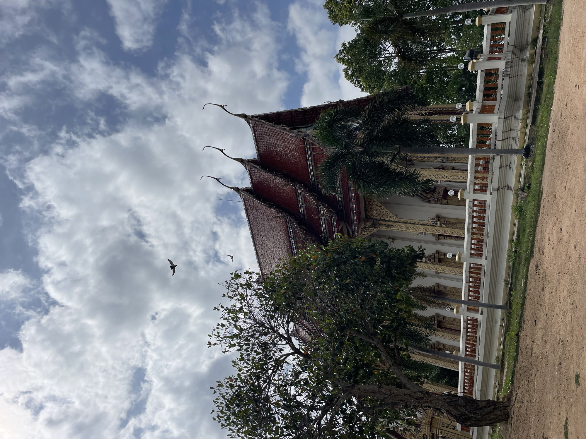 A temple in Pattaya, Thailand is shown under a cloudy sky. The temple has a distinctive tiered roof with ornate finials. In the foreground, there is a large tree with green foliage, and to the right, palm trees are visible. A decorative railing with lamps lines the elevated platform in front of the temple. Several birds are flying in the sky above the temple. The ground in front of the temple is covered in dirt and patches of grass.