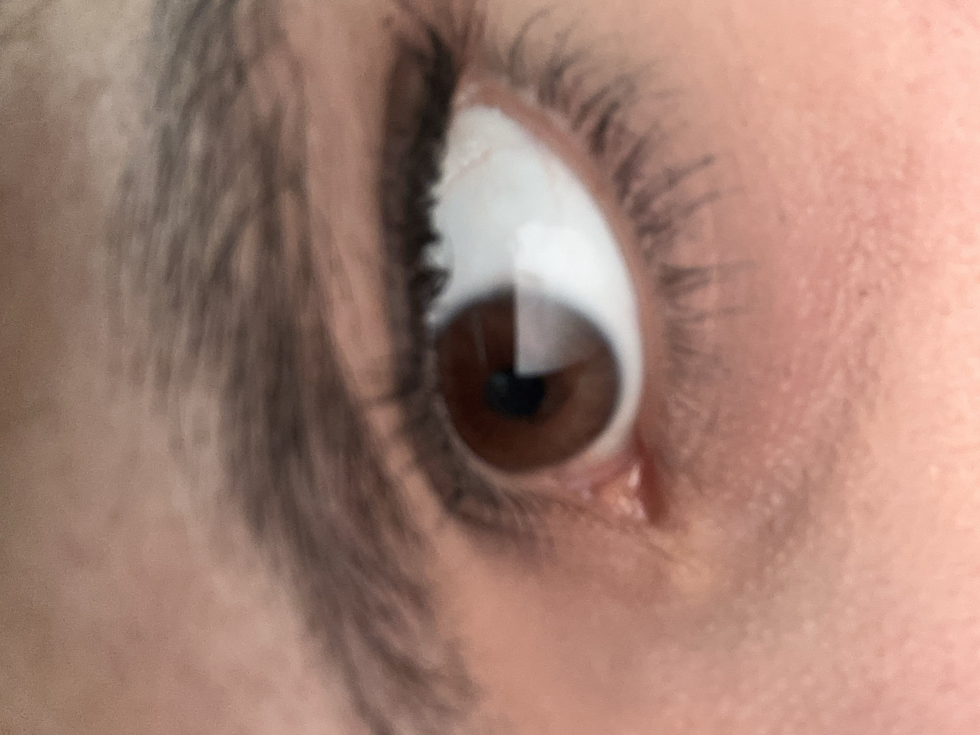 The image is an extreme close-up, slightly blurred photograph of a human eye, likely taken indoors. The eye features a dark brown iris and a prominent white sclera. Long, dark eyelashes frame the upper and lower lids. The surrounding skin, visible in various light brown and peach tones, shows some texture but is mostly out of focus. A distinctive, bright vertical reflection is visible across the pupil and upper portion of the iris, suggesting a specific light source or an object directly in front of the eye. The overall focus is soft, with the skin and eyelashes appearing less sharp than the eye's central features. No specific activity, emotion, or text is discernible, and there are no external location cues.