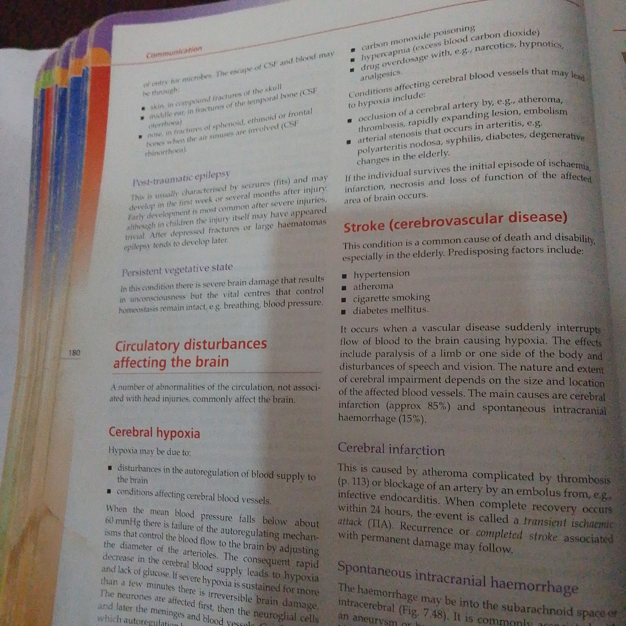 The image displays a page from an educational textbook, likely a medical or biology text, given the content. The page is open, showing text and some faded colorful edges from other pages.
The primary subject matter is medical information related to the brain and its circulatory system. Specific topics include "Communication," "Post-traumatic epilepsy," "Persistent vegetative state," "Circulatory disturbances affecting the brain," "Cerebral hypoxia," "Stroke (cerebrovascular disease)," "Cerebral infarction," and "Spontaneous intracranial haemorrhage." The text is presented in a structured format with headings, bullet points, and explanatory paragraphs.
There are no people, objects, or specific scene elements depicted in the image, other than the book itself. The setting is implied to be an indoor environment where someone is reading or referencing this textbook. There are no visual cues related to time of day, weather, or specific location cues in Jalingo, Nigeria. The tone of the text is informative and educational.
Visible text includes chapter titles, subheadings, bullet points detailing conditions and causes, and explanatory text. A page number "180" is clearly visible on the lower left side. The text discusses medical conditions, their causes, symptoms, and effects on the brain and body.
