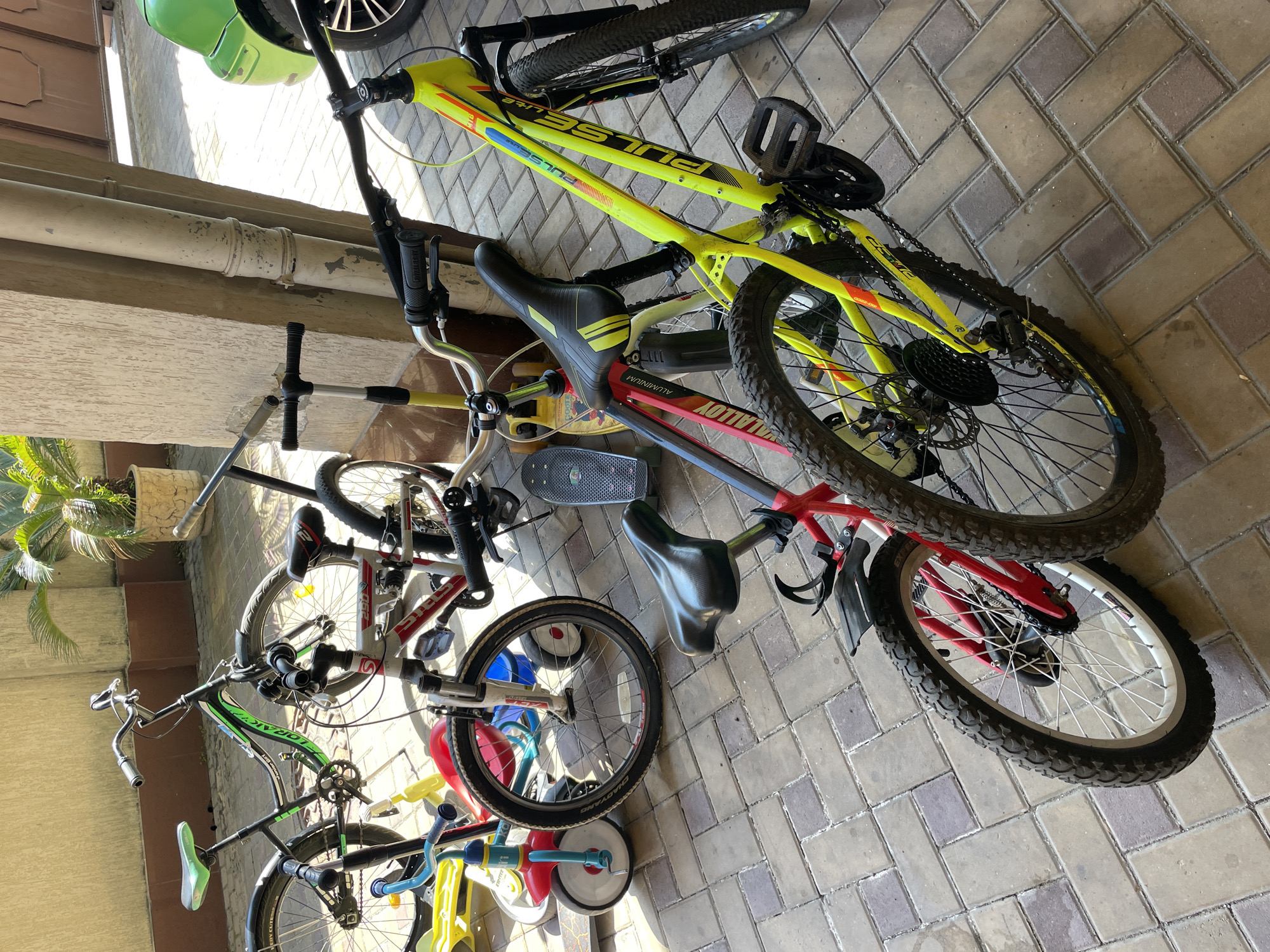The image displays an outdoor paved area in Sochi, Russia, populated with multiple bicycles, a tricycle, a kick scooter, and a skateboard, positioned against a building and a wall. The ground is covered with light and dark beige rectangular paver stones arranged in a herringbone pattern.
On the left, a black adult or older child's bicycle with green accents and a green seat is visible, bearing the brand "LORAK Junior Sport." Behind it stands a light-colored, textured stucco wall, with a large potted plant featuring palm-like fronds situated against it. In front of the black bicycle, a small red tricycle with blue handlebars and white wheels is parked. A yellow kick scooter is partially visible behind the tricycle.
In the mid-ground, a black skateboard with white wheels and a graphic underside leans against another bicycle. Adjacent to this, a prominent neon yellow mountain bike, branded "PULSE lite M18," features a black seat with yellow detailing and a visible rear disc brake system. A smaller child's bicycle with a red frame, marked "ALUMINIUM ALLOY" and "ROYALBABY" on the handlebars, is positioned in front of and partially beneath the yellow bike.
The background includes a light beige architectural column with two weathered vertical drainpipes. To the right of the column, a dark brown, possibly wooden, double gate or large door is partially visible. The front section of a bright green car is parked on the far right side of the frame. Strong sunlight from the upper right casts distinct shadows towards the lower left, indicating daytime conditions. No people are present in the scene.