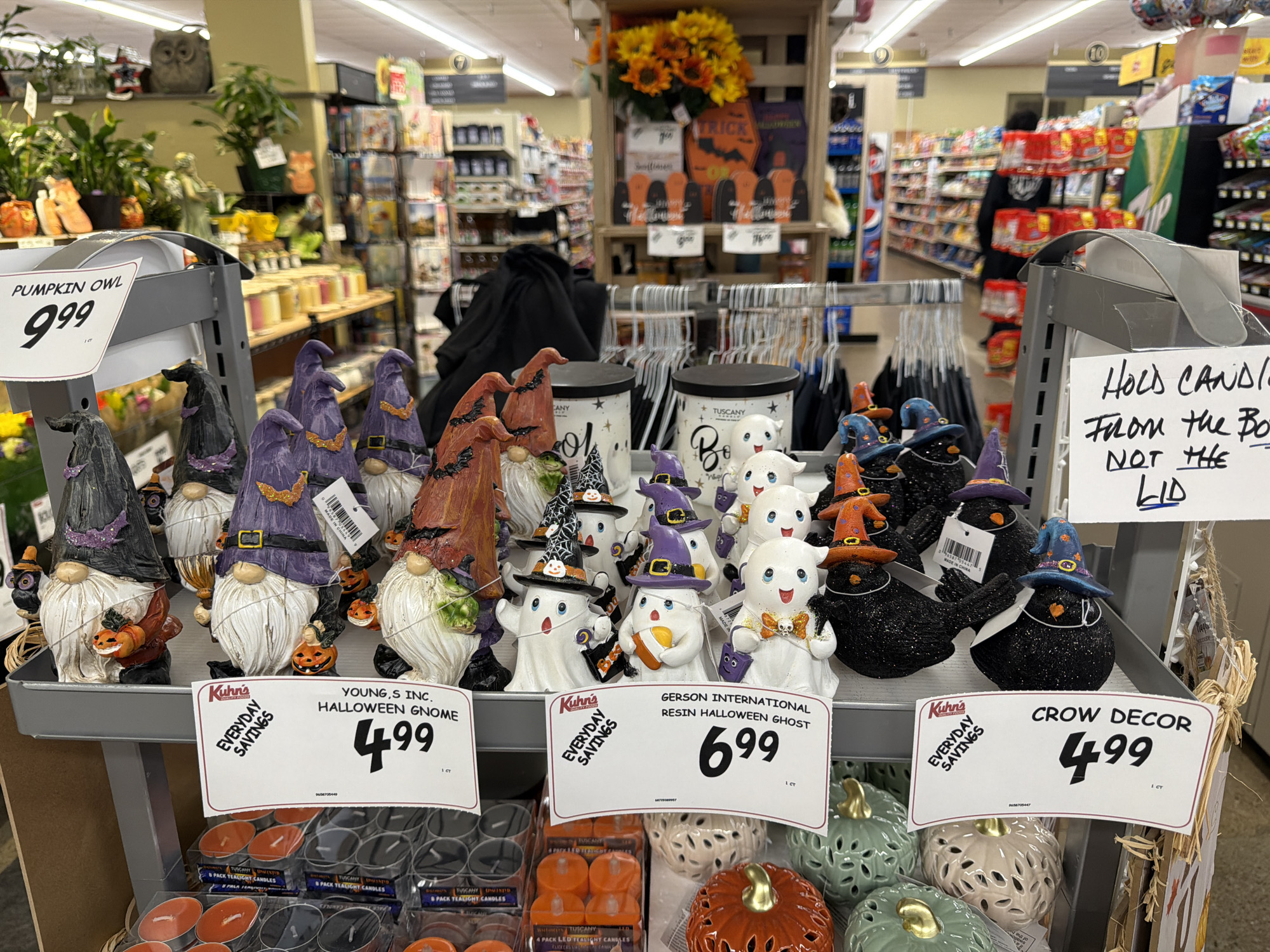 This is a close-up, eye-level shot of a retail store display in Pittsburgh, Pennsylvania, showcasing a variety of Halloween-themed decorations. The foreground is dominated by several rows of shelves filled with festive items. On the left, a sign for "PUMPKIN OWL 9.99" is visible above a row of gnome figures wearing black and purple hats with orange accents, some holding small pumpkins. To their right are more gnome figures and two white ghost-shaped candles. Further to the right, a display of black glittery bird figurines with Halloween hats, labeled "CROW DECOR 4.99", is featured. Below the merchandise, trays of orange and white decorative pumpkins and tealight candles are stacked. In the background, shelves stocked with more products extend into the distance, and a blurred figure of a person is visible walking through the aisle. The store appears to be well-lit with fluorescent lighting.