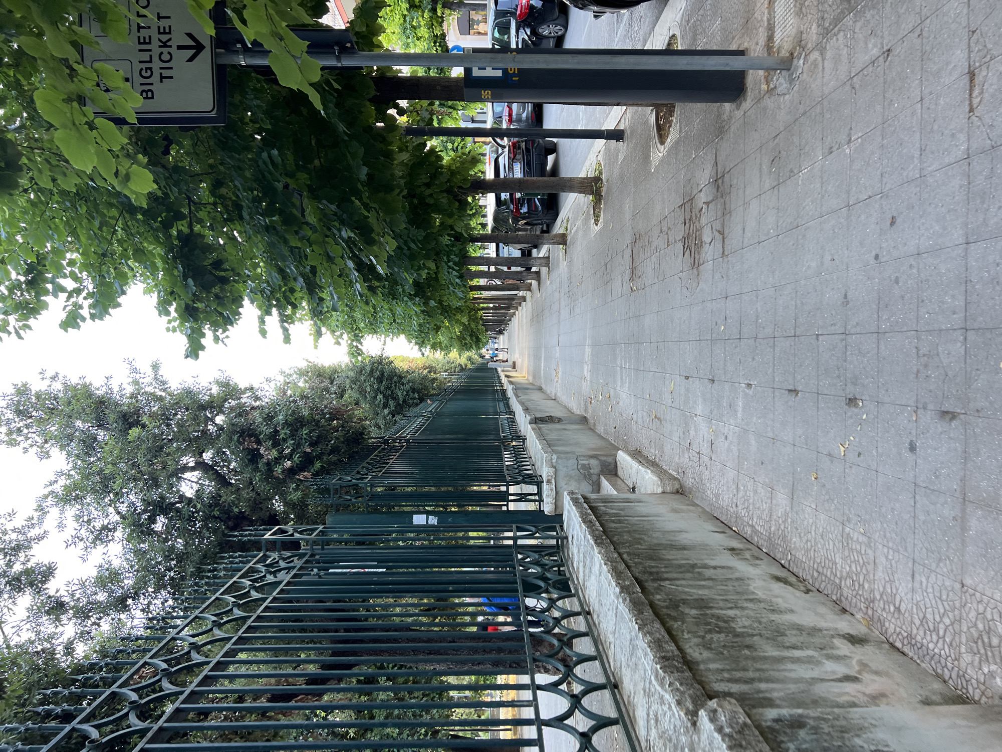 The image depicts a sidewalk in Bitonto, Italy, lined with trees on the right and a decorative metal fence on the left. The fence encloses a green space, likely a park or garden, with mature trees visible behind it. The sidewalk is paved with gray square tiles, some of which appear worn or cracked. To the right of the sidewalk, cars are parked along the street. A sign with "BIGLIETTO TICKET" and a downward arrow is visible on a pole. The sky is overcast, and the lighting suggests it is daytime, possibly late afternoon. A few fallen leaves are scattered on the sidewalk. In the distance, on the left side of the sidewalk, two individuals can be seen walking.