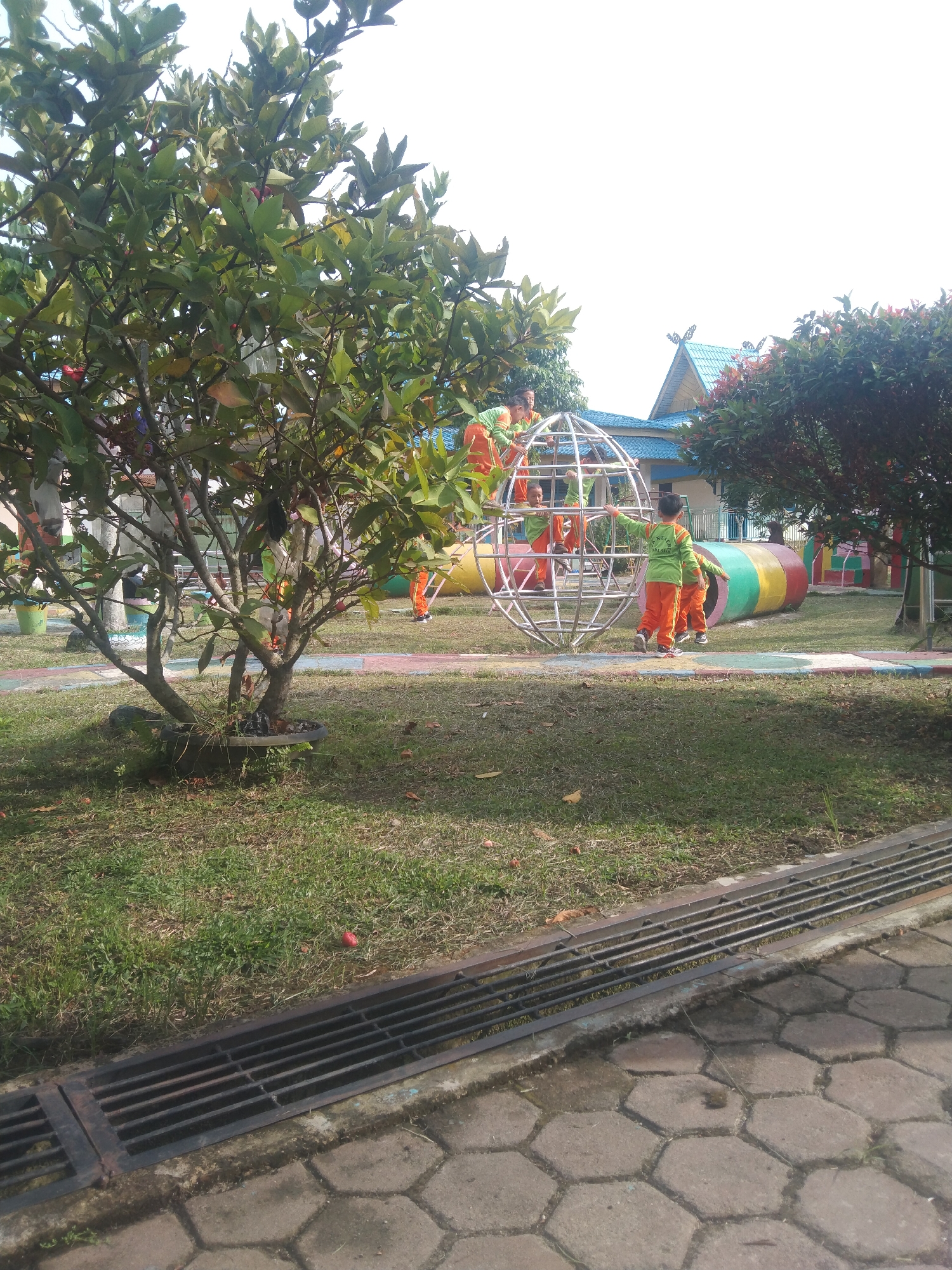In an outdoor recreational area, likely a playground or schoolyard, several children in orange and green uniforms are interacting with playground equipment. A metallic spherical jungle gym is central to the scene, with at least three children engaged with it. To the right of the jungle gym, a large, colorful, cylindrical tunnel, segmented with yellow, green, and red, lies on the ground. In the background, a building with a distinctive blue roof and pointed architectural features is visible, suggesting a formal establishment. Lush green trees, including one with red fruits in the foreground, and a well-maintained lawn contribute to the outdoor setting. A metal grate drain and hexagonal paving stones are present in the lower portion of the frame, indicating a pathway or edge of the recreational space. The sky is bright and overcast. The presence of the building with unique architecture suggests this location might be within the city of Siak Sri Indrapura, Indonesia.
