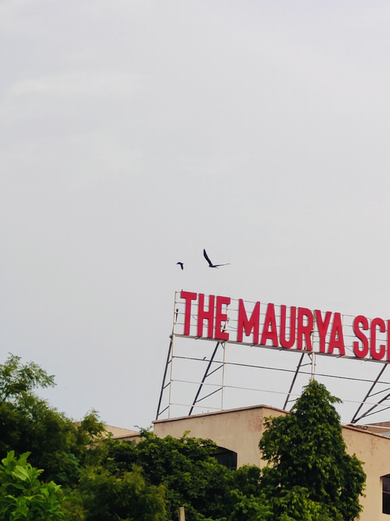The image shows a sign for "THE MAURYA SCH" in red lettering against a cloudy sky. Two birds are in flight in front of the sign, one higher and to the left of the other. Below the sign, a building with a light-colored facade is visible, partially obscured by lush green trees. The architectural style of the building suggests it is likely part of a school or educational institution. The presence of a sign with "MAURYA SCH" in Gurgaon, India, strongly indicates the location as The Maurya School in Gurgaon. The overall atmosphere is overcast, with the sky being a light gray.