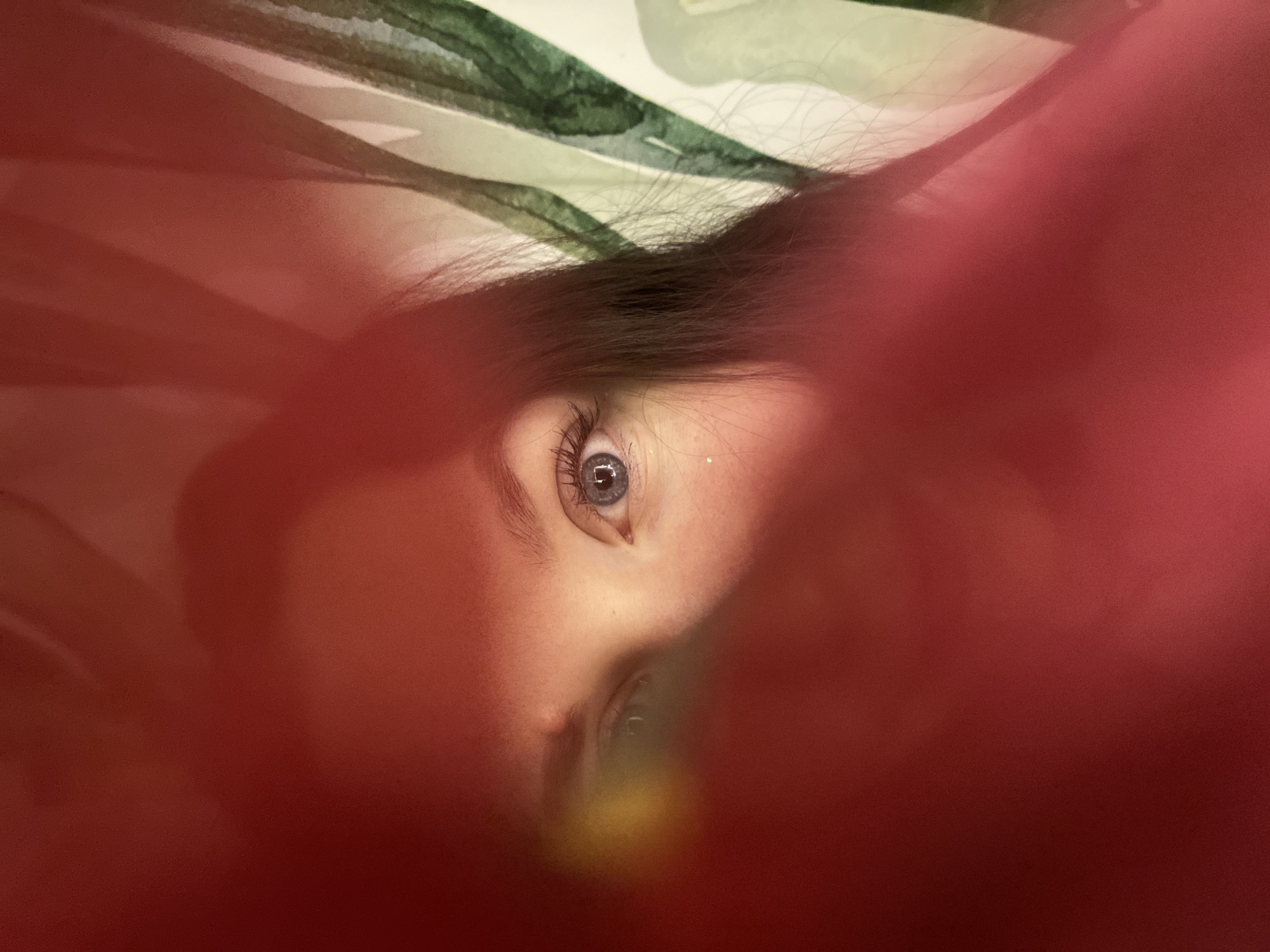 The image presents a close-up, intimate portrait of a person's face, heavily framed and partially obscured by a dominant, blurred red foreground. The central focus is one light-colored eye, appearing blue or grey, which looks directly at the viewer with an intense gaze. Prominent eyelashes are visible, and a small, bright highlight catches the light near the inner corner of the eye. Dark hair, likely brown, frames the upper part of the face, sweeping across the forehead and blending into the red foreground on the left. A faint outline of the nose and a glimpse of the other eye are visible below, peering from behind the red material.
The vibrant red, blurred element dominates the foreground on the left, right, and bottom, suggesting the person is looking out from behind a curtain, veil, or soft fabric, creating a sense of enclosure and mystery. In the background, above the person's head, is a light-colored surface, possibly a wall or bedding, patterned with abstract green and white shapes resembling leaves or foliage.
The overall mood is introspective and direct, with the subject's eye being the primary point of contact. There are no specific cues regarding the time of day or outdoor weather. The scene appears to be indoors. No text is visible in the image. The provided context indicates the location is Chaikovsky, Russia.