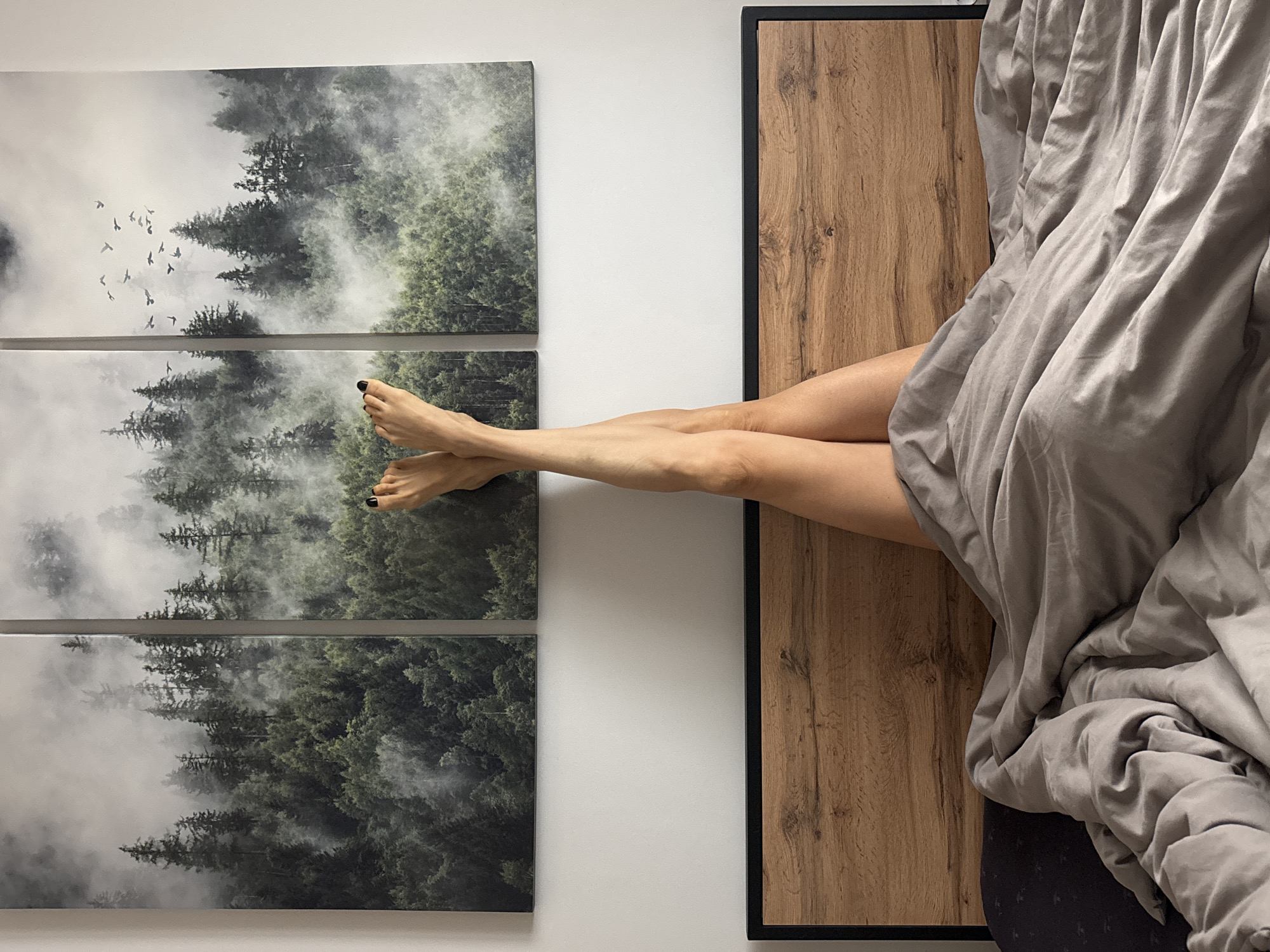 A horizontally-oriented image depicts a partial view of a bed and wall in what appears to be an indoor setting. A person is lying in the bed, with their legs extended and feet positioned near a triptych painting of a forest scene with birds flying overhead. The toenails are painted black. The bed has a wooden headboard with a dark frame, and is covered with a grey duvet. The wall is white.
It is not possible to confirm if the image was taken in the city of Chaikovsky, Russia or not.