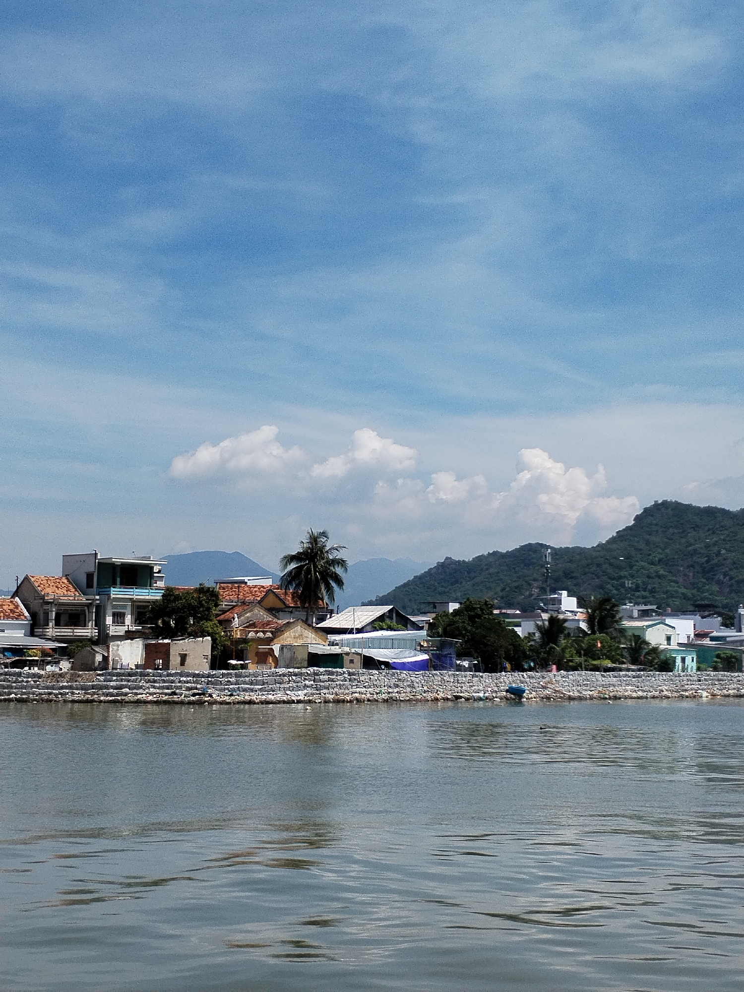 A landscape shot captures a sunlit scene of buildings along a rocky shoreline, with a body of water in the foreground and lush green mountains in the background. The sky is a bright blue with scattered white clouds. The buildings appear to be a mix of residential and commercial structures, with various roof colors and architectural styles. A palm tree stands near the center of the image, adding a tropical feel. The water in the foreground is calm, with subtle ripples reflecting the sky. The rocky shoreline suggests a coastal or riverine setting. In the distance, the mountains are densely covered with vegetation, indicating a natural, undeveloped area. The overall impression is one of a vibrant and picturesque location, likely in a coastal city.
