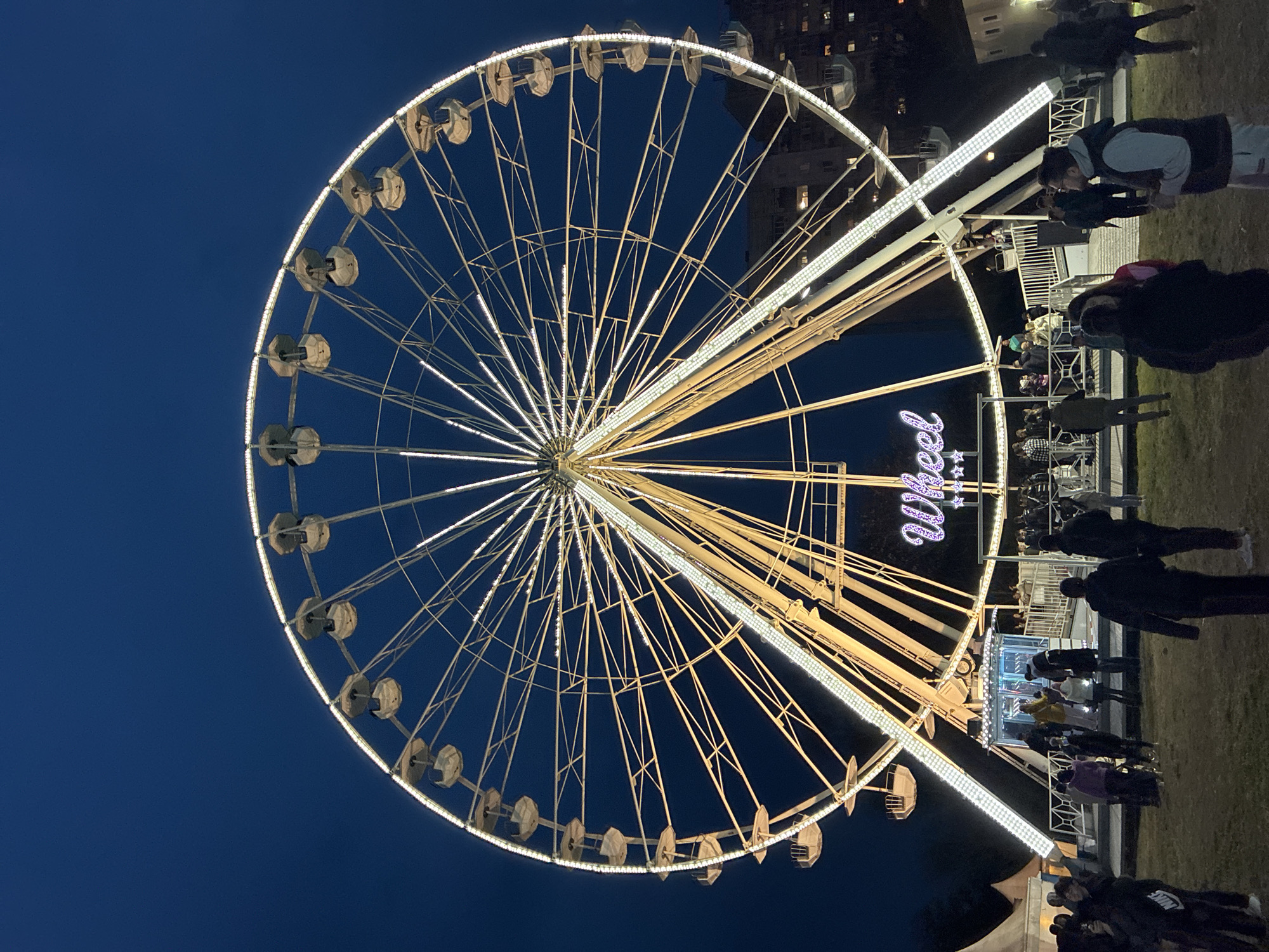 The image shows a Ferris wheel illuminated with lights, standing against a dark blue sky at night. The wheel is the central focus, featuring multiple enclosed passenger cars around its circumference. A sign with the word "Wheel" in stylized purple lettering is visible near the boarding area. People are gathered around the base of the Ferris wheel, some appearing to be waiting or walking. The scene is located in Plovdiv, Bulgaria. Buildings with illuminated windows can be seen in the background, indicating the location is likely in or near an urban area.