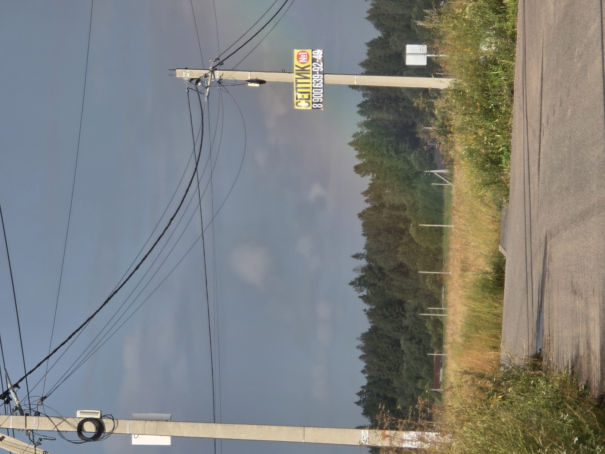 The image depicts an outdoor scene on a cloudy day, possibly near Glukhovo, Russia. A concrete utility pole stands prominently on the left side of the frame, adorned with electrical wires and a circular object. Another utility pole is visible on the right, featuring a yellow sign with Russian text "СЕПТИК №1" and a phone number "8 900 639-92-49" below it. A faint rainbow can be observed in the sky behind the right pole. The foreground shows a paved road curving towards the right, bordered by overgrown vegetation and tall grasses. In the midground, a field of dry, golden grass extends towards a dense line of green trees. Several thin, white vertical posts are scattered across the field. The overall atmosphere suggests a rural or semi-rural setting. There are no people or animals visible in the image.
