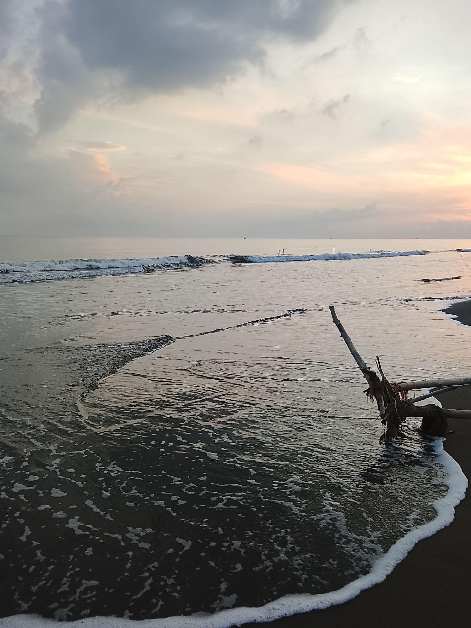 The image depicts a serene beach scene at dawn or dusk, with gentle waves lapping at the dark sand shore. The sky is a canvas of soft pastel colors, with hues of grey, pink, and orange blending together. Wispy clouds drift across the horizon, catching the fading light. In the foreground, a piece of driftwood, secured by rope, rests on the wet sand, its rough texture contrasting with the smooth, reflective surface of the water. The ocean stretches out to the horizon, with faint lines of waves breaking near the shore. The overall impression is one of tranquility and natural beauty, with the gentle ebb and flow of the tide creating a peaceful atmosphere. The location is specified as Reudeuep, Indonesia, suggesting a coastal setting within this region.