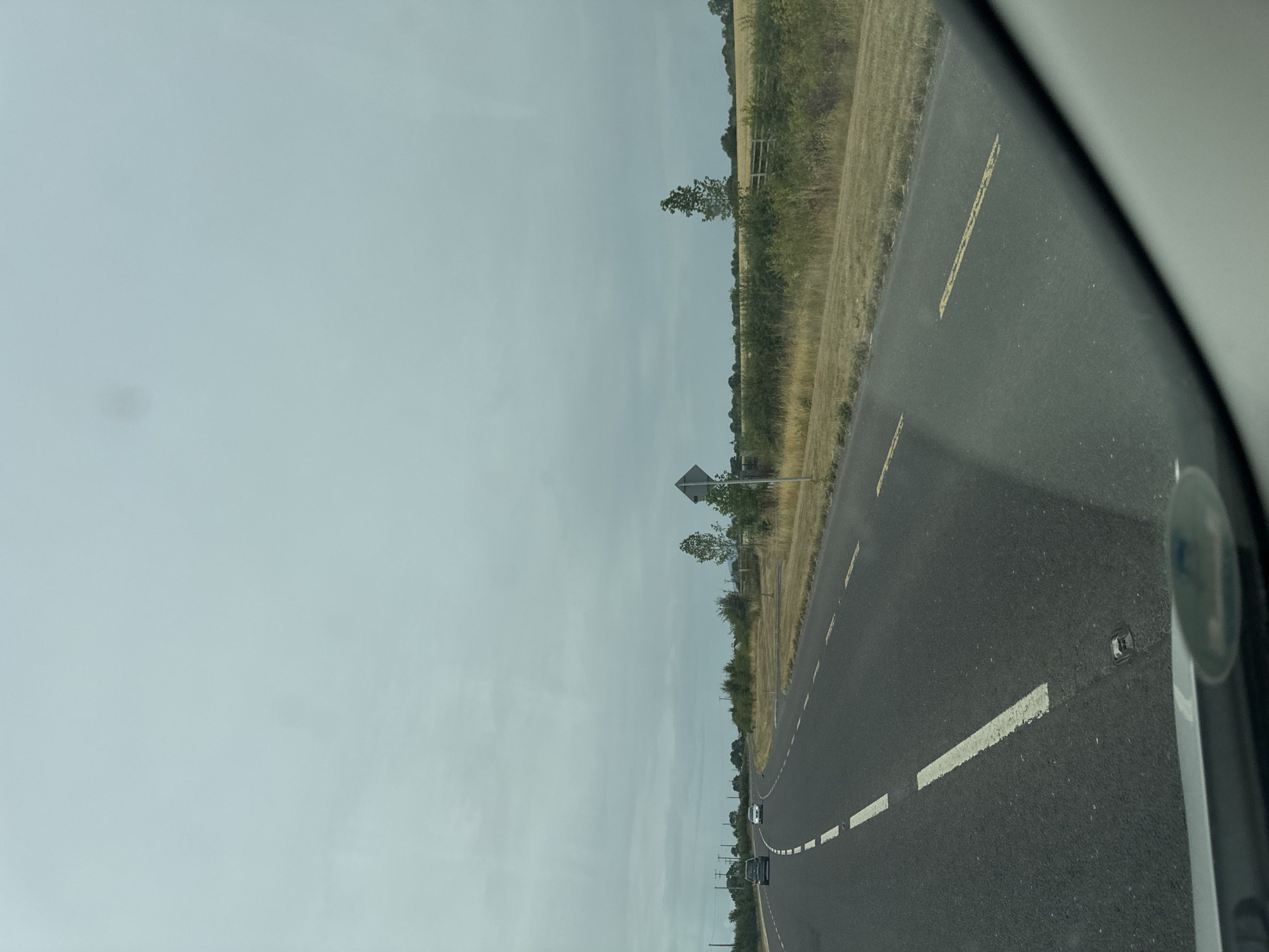 The image depicts a grey, overcast day on a two-lane road in Castlebamford, Ireland. The road curves to the right, with white dashed lines on the left lane and double yellow lines on the right lane, indicating the edge of the carriageway. On the left side of the road, a dark grey car is visible in the distance. Further ahead, a white car is also traveling in the same direction. The roadside on the right is characterized by dry, yellowed grass and a sparse line of trees and bushes. A grey diamond-shaped road sign with a black border is positioned on the right side of the road, facing oncoming traffic. Beyond the roadside, fields of golden crops are visible, interspersed with scattered trees. In the far distance, a wooden fence runs along the edge of the fields. The foreground shows the dashboard and windscreen of a vehicle, suggesting the image was taken from inside a car. The overall environment appears rural and agricultural.