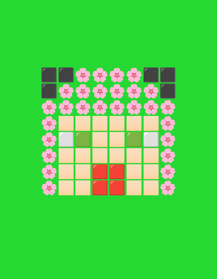 This is a digital illustration on a solid green background. The illustration depicts a pixelated face with a checkerboard pattern. The face is composed of various colored squares, including black, pink flowers, pale yellow, light green, light grey, and red. The eyes are made of light green squares, the nose of two red squares stacked vertically, and the mouth is also formed by two red squares stacked vertically, positioned below the nose. The face is framed by black squares at the top corners and pink flowers along the sides and at the bottom. The overall composition resembles a simple, stylized representation of a face, possibly a character from a game or an emoji. There are no people, actions, or interactions depicted. The scene does not contain any elements that would indicate a specific location within Duman, Indonesia.