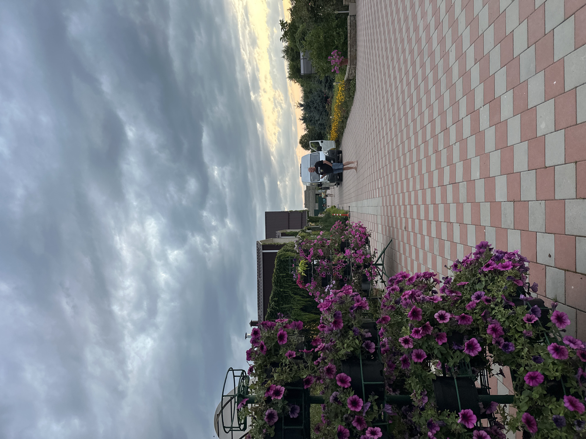 The image shows an outdoor scene in Yaroslavskaya, Russia, featuring a paved walkway with a red and grey checkered pattern. To the left, vertical planters overflowing with vibrant purple petunias line the walkway, creating a lush floral display. In the background, several buildings with tiled roofs are visible, partially obscured by dense green foliage. A white van with its door open stands on the paved area. A man wearing a black t-shirt and denim shorts is standing near the van, looking towards the left. Further down the walkway, other individuals can be seen walking in the distance. The sky above is filled with dramatic, heavy grey clouds, suggesting overcast weather or approaching rain. The overall impression is one of a well-maintained outdoor space, possibly a garden or courtyard, under a moody sky.