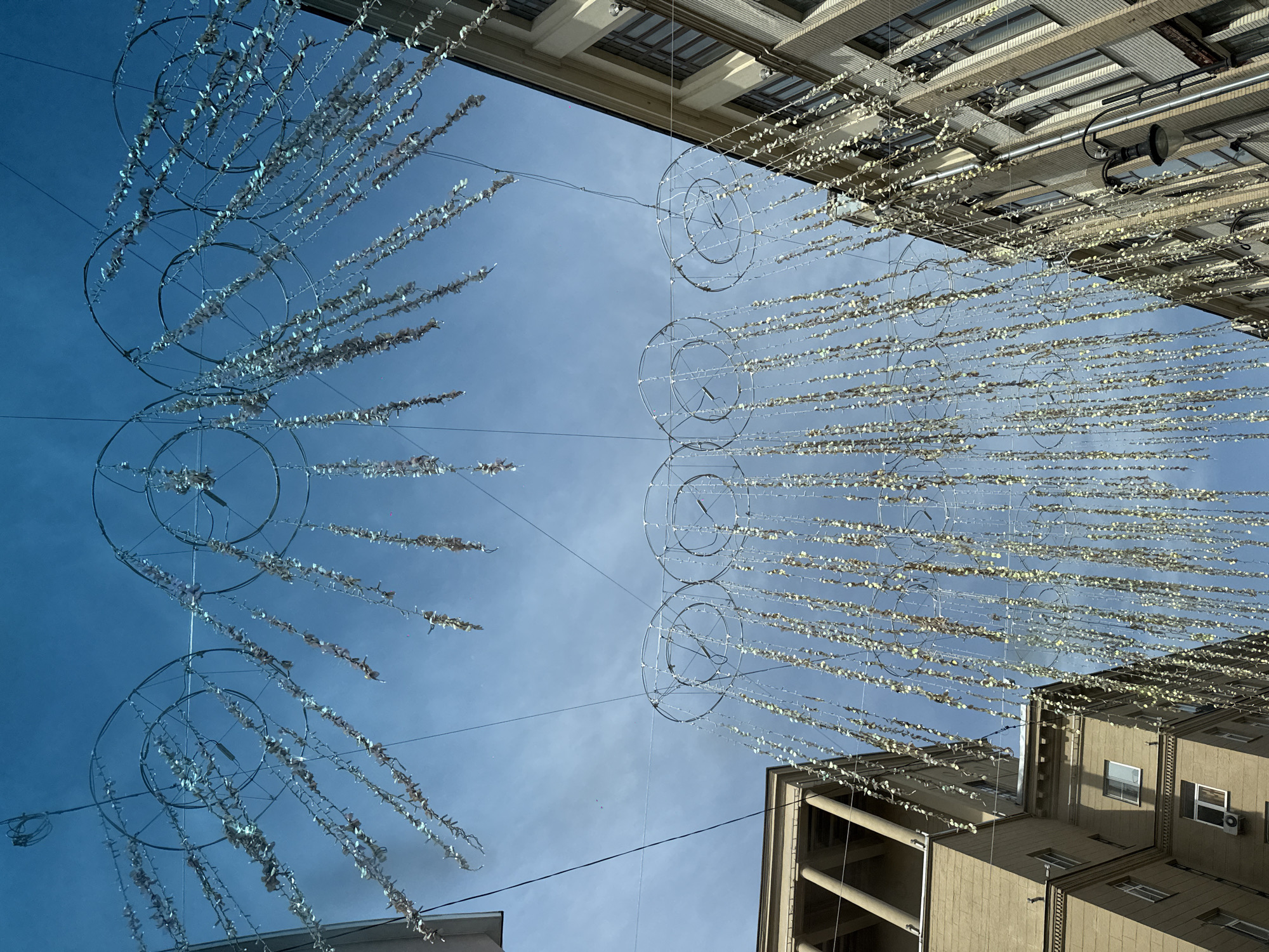 An upward-facing, vertically oriented photograph captures a festive street scene in Moscow, Russia, during the daytime. The bright blue sky dominates the center, framed by tall, multi-story buildings on the top and bottom edges of the frame. Strung across the street, elaborate overhead decorations consist of multiple rows of garlands, each adorned with numerous small, reflective or light-colored elements that resemble leaves or scales. These garlands are suspended from large, circular metallic frameworks, creating a complex, layered pattern against the clear sky. The sunlight illuminates these decorative pieces, making them sparkle.
The buildings, visible along the upper and lower borders, display classic architectural details with multiple windows, ledges, and cornices. On the upper building, a street lamp or surveillance camera is visible. On the lower building, an air conditioning unit is noticeable. The clear weather and bright light suggest a sunny day, likely during a celebratory period when such street decorations are common. There is no visible text or human activity in the image.