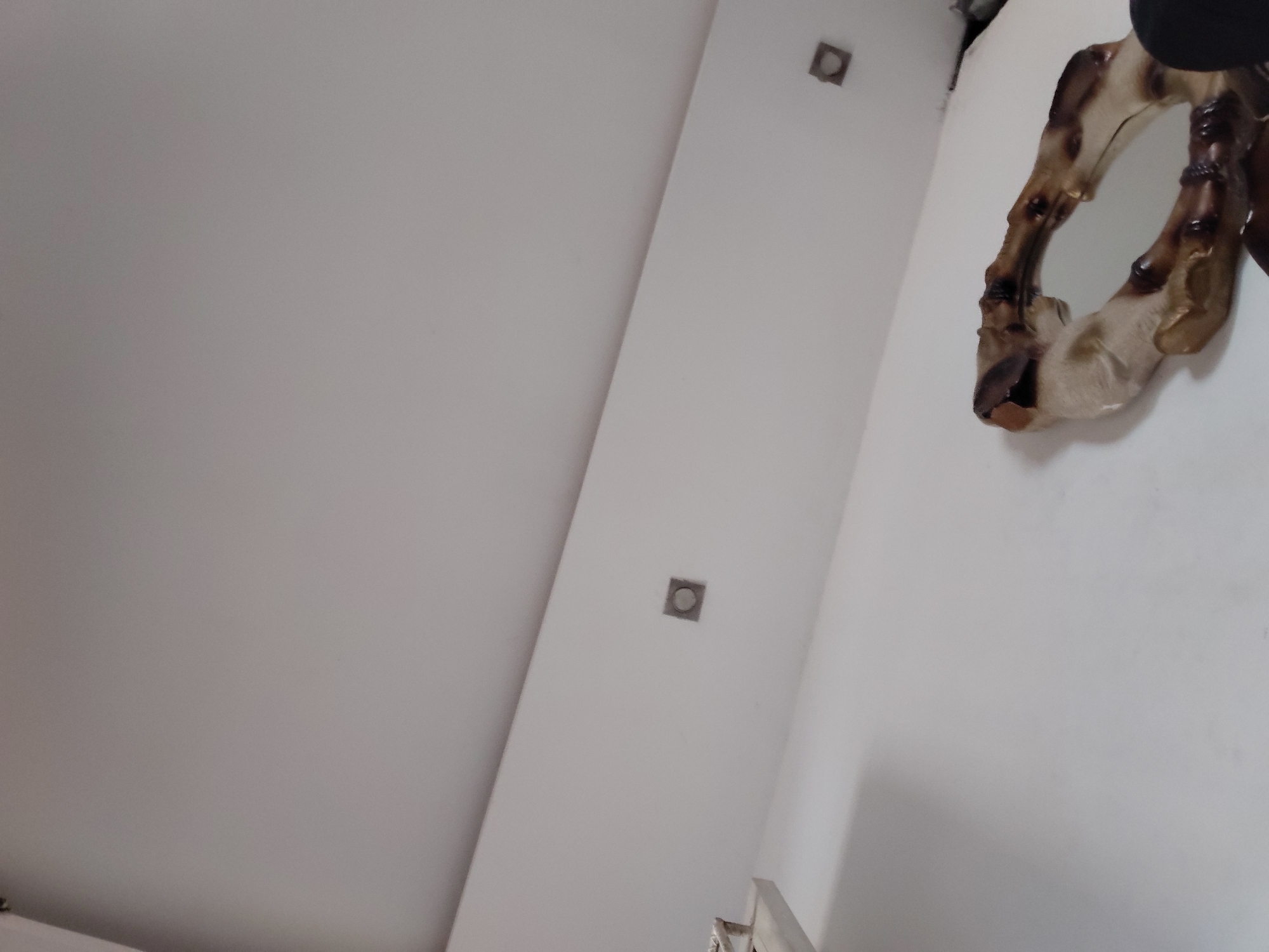 The image displays an indoor scene, characterized by clean, white architectural elements captured from an upward-tilted perspective. A stark white ceiling transitions into a white wall along a prominent diagonal line, suggesting a structural beam or a sharp corner within the room. Embedded within this architectural feature are two square, recessed fixtures, possibly lights or vents, one of which clearly shows a circular inner component.
On the right side of the frame, partially obscured, hangs a distinctive decorative mirror against the white wall. Its frame exhibits an organic, irregular, and somewhat rugged texture, crafted from what appears to be polished material such as horn, bone, or dark, irregularly shaped wood. The frame displays varying shades of brown, beige, and darker tones, contributing to its unique aesthetic. A sliver of a light-colored, possibly metallic, object is visible at the very bottom edge of the image, hinting at other furnishings below the frame.
No people or discernible activities are present in the image. The lighting is bright and even, characteristic of an indoor environment during daytime or with effective artificial illumination. There is no visible text. The clean lines and decorative object suggest a modern or contemporary interior design, located in Santa Ana, Venezuela, as per the provided context.