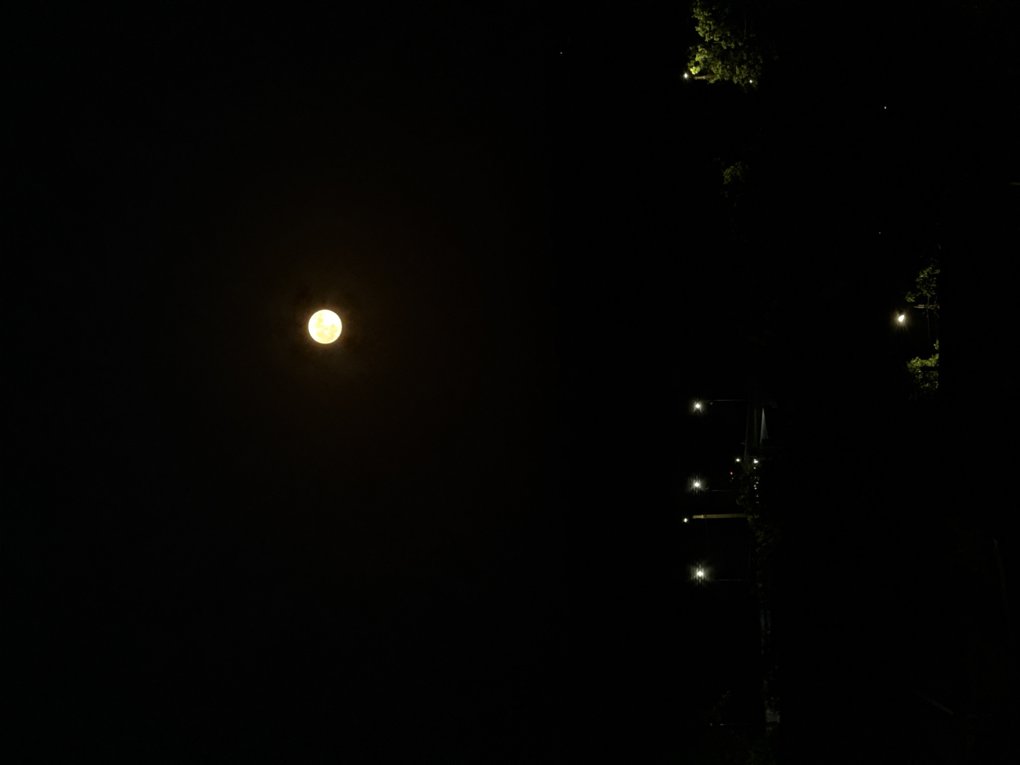 The image shows a night sky with a full moon shining brightly in the upper center. Below the moon, a silhouetted landscape is visible, featuring a line of streetlights illuminating a road or park. The streetlights are evenly spaced, suggesting an urban or suburban setting. Trees are also visible in the foreground and background, their forms dark against the night sky. The overall impression is one of a calm, quiet night. The image does not contain any specific landmarks or details that would allow for precise identification of the location within the city of Cahul, Moldova, beyond it being an outdoor night scene. There are no people, animals, or specific actions depicted in the image.