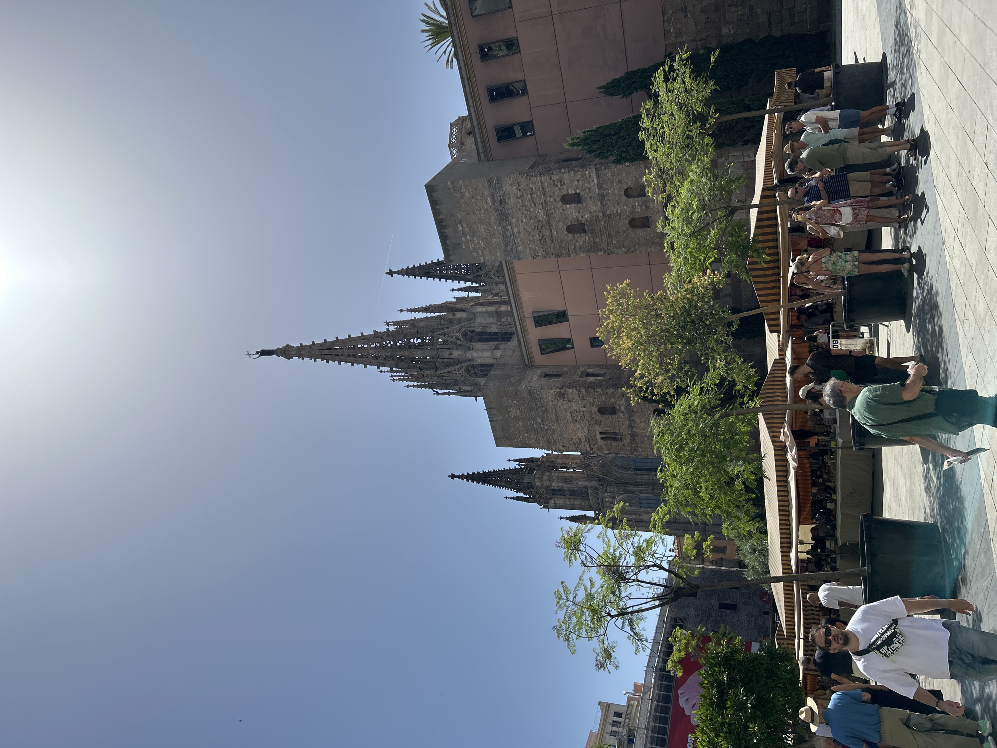 The image depicts a sunny day in Barcelona, Spain, with the Barcelona Cathedral as the prominent background landmark. In the foreground, a bustling street scene unfolds with several people walking and interacting. There are market stalls set up under striped awnings, displaying various goods. Trees with green foliage are scattered throughout the area, providing shade. The architecture of the cathedral is Gothic, characterized by spires and intricate stonework. The sky is a clear blue with bright sunlight casting shadows on the ground.