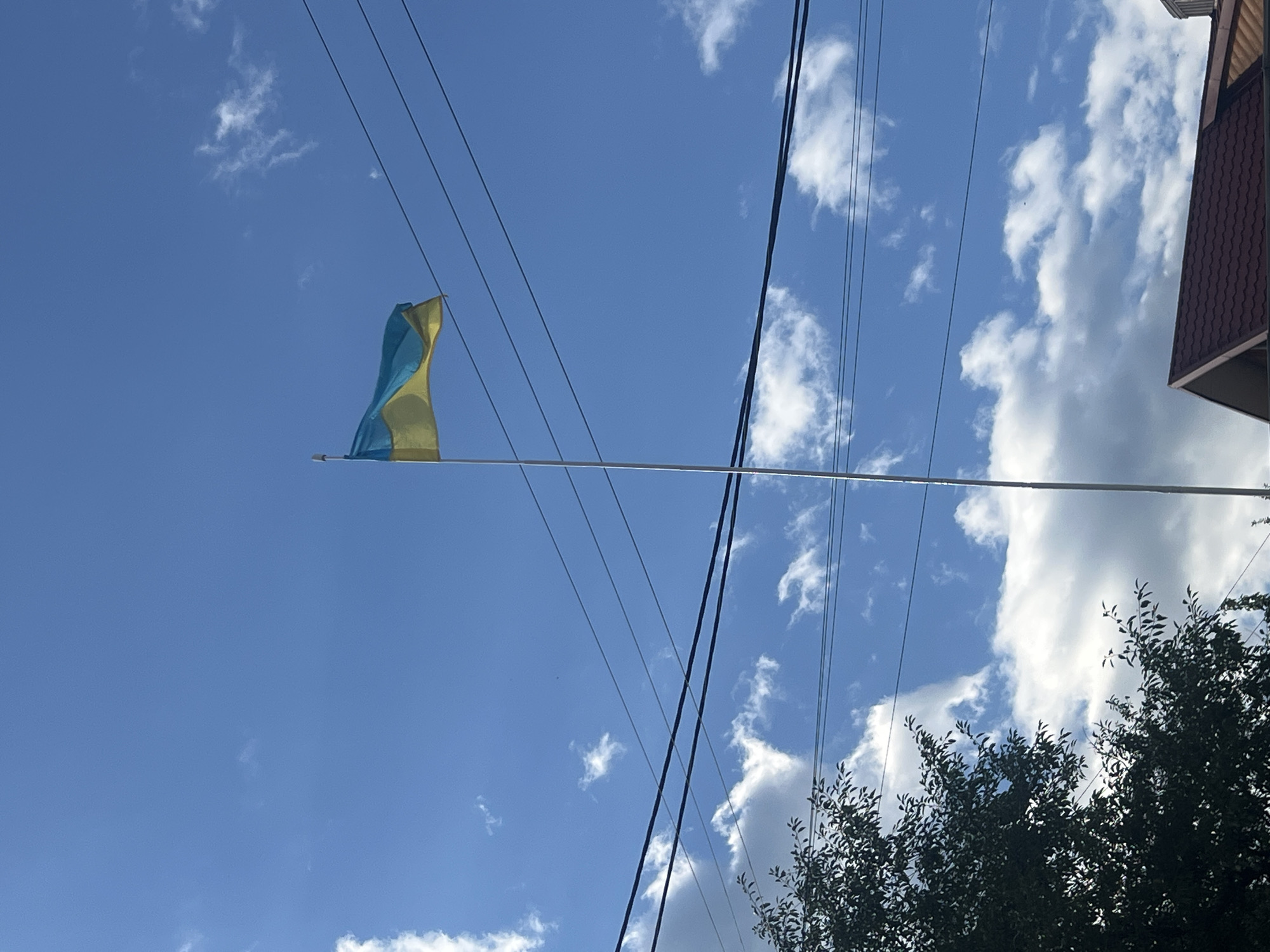 The image shows a tall, thin flagpole with the Ukrainian flag flying at its peak against a bright blue sky with scattered white clouds. Power lines are visible across the frame, running diagonally from left to right. On the left side of the image, the dark green foliage of a tree is partially visible. At the bottom right, a portion of a dark red tiled roof of a building can be seen. The scene appears to be an outdoor setting, likely in a residential area, given the presence of the building and overhead wires. The overall impression is of a clear, sunny day.