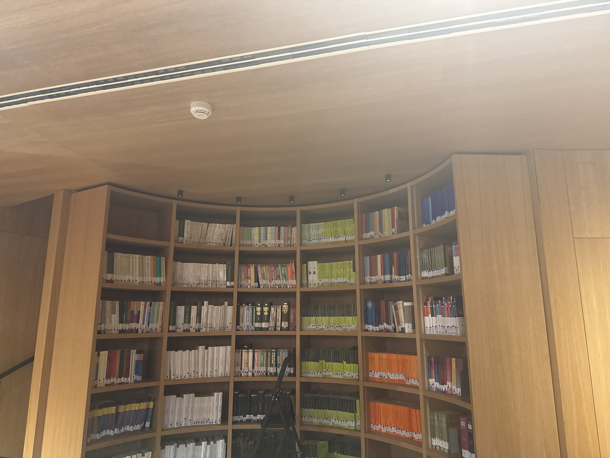 The image presents an interior wide-angle view of the Biblioteca de Ciencias Sociales Gregorio Maians at the Universitat de València in València, Spain. The scene focuses on a prominent, multi-tiered curved wall of bookshelves crafted from light-toned wood, which seamlessly integrates with the matching wooden paneling of the walls and ceiling.
The ceiling features two horizontal, linear fixtures with dark outlines and white inner strips, likely air vents or integrated lighting elements, spanning the upper portion of the frame. A white circular smoke detector is affixed to the wooden ceiling, slightly left of center. Below these, a series of small, black, recessed spotlights are evenly spaced along the ceiling's curve, directed downwards to illuminate the bookshelves.
The extensive bookshelves are densely populated with a vast collection of books. Many books display light-colored spines (white, cream, light green), while distinct sections feature books with brightly colored spines, including vibrant orange, dark blue, red, and varied shades of green, suggesting a method of organization or categorization. The books are uniformly arranged vertically across numerous shelves that follow the elegant curvature of the room. In the lower-center foreground, a dark, tripod-like object, possibly a library ladder or a camera stand, is partially visible, extending upwards into the frame. No individuals are present in the depicted scene.