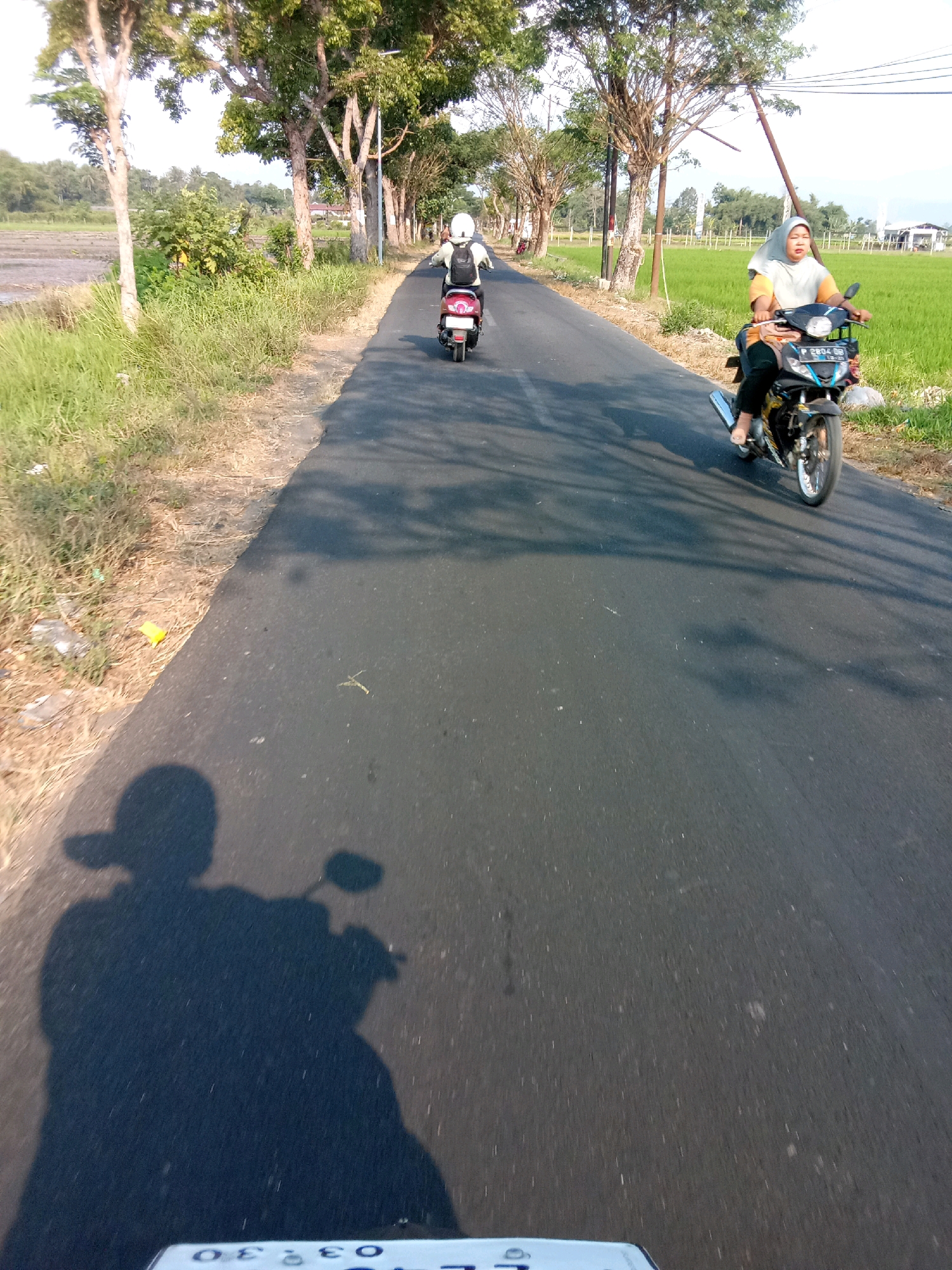 In the city of Ajung, Indonesia, a person on a motorcycle casts a shadow on a paved road. They are wearing a cap and jacket. Further down the road, another individual on a motorcycle, wearing a white helmet and backpack, is also visible. To the right, a person on a motorcycle wearing a hijab and orange shirt rides along the road, with a rice field in the background. The environment is rural, with trees lining the road and grassy fields on either side. The sky is bright, suggesting a sunny day.
