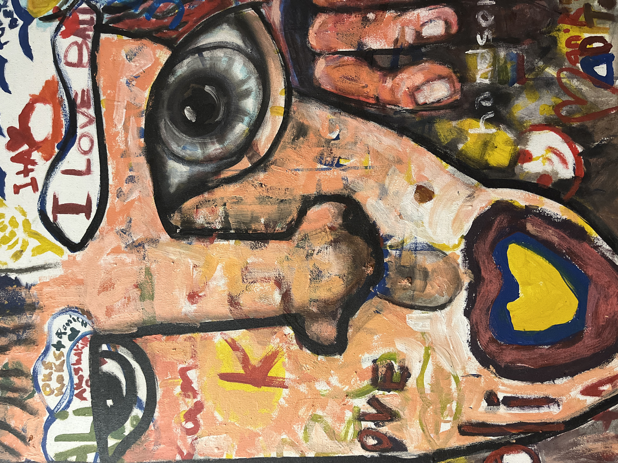 The image shows a close-up of an abstract painting with an array of colors and shapes. A large eye with a prominent pupil dominates the upper left portion of the image. Next to the eye, the phrase "I LOVE BI" is written vertically on a white background. The skin surrounding the eye is rendered in shades of orange and brown. In the upper right corner, finger-like shapes are painted in a fleshy tone. The background consists of a chaotic mix of colors, including yellow, brown, white, and black, with various abstract forms and scribbles. There is no discernible location in the city of Kuta Selatan, Indonesia, present in the image.